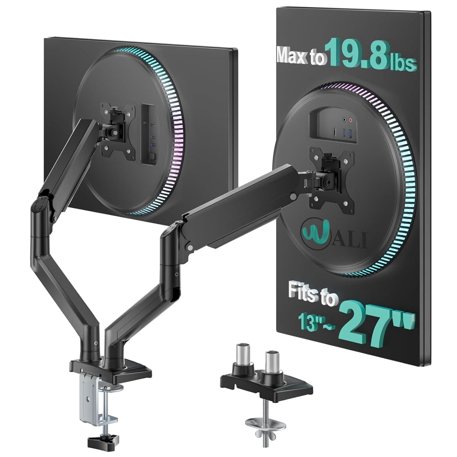 WALI Dual Monitor Arm for 13-27 Inch Screen and 9 kg, Fully Adjustable Arm, Double Monitor Stand Desk Mount with C Clamp & Grommet Mounting, VESA 75 & 100mm, Black (GSMP002) | Dual Monitor Desk Mount, Full Motion with Tilt, Swivel, Rotation, C-Clamp & Grommet Base, VESA 75/100mm (GSMP002), Black