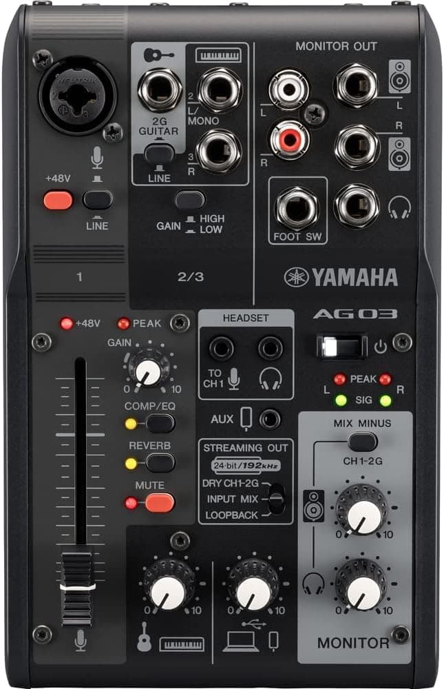 Yamaha AG03MK2 3-Channel Live Streaming Mixer with USB Audio Interface, for Windows, Mac, iOS and Android, in Black