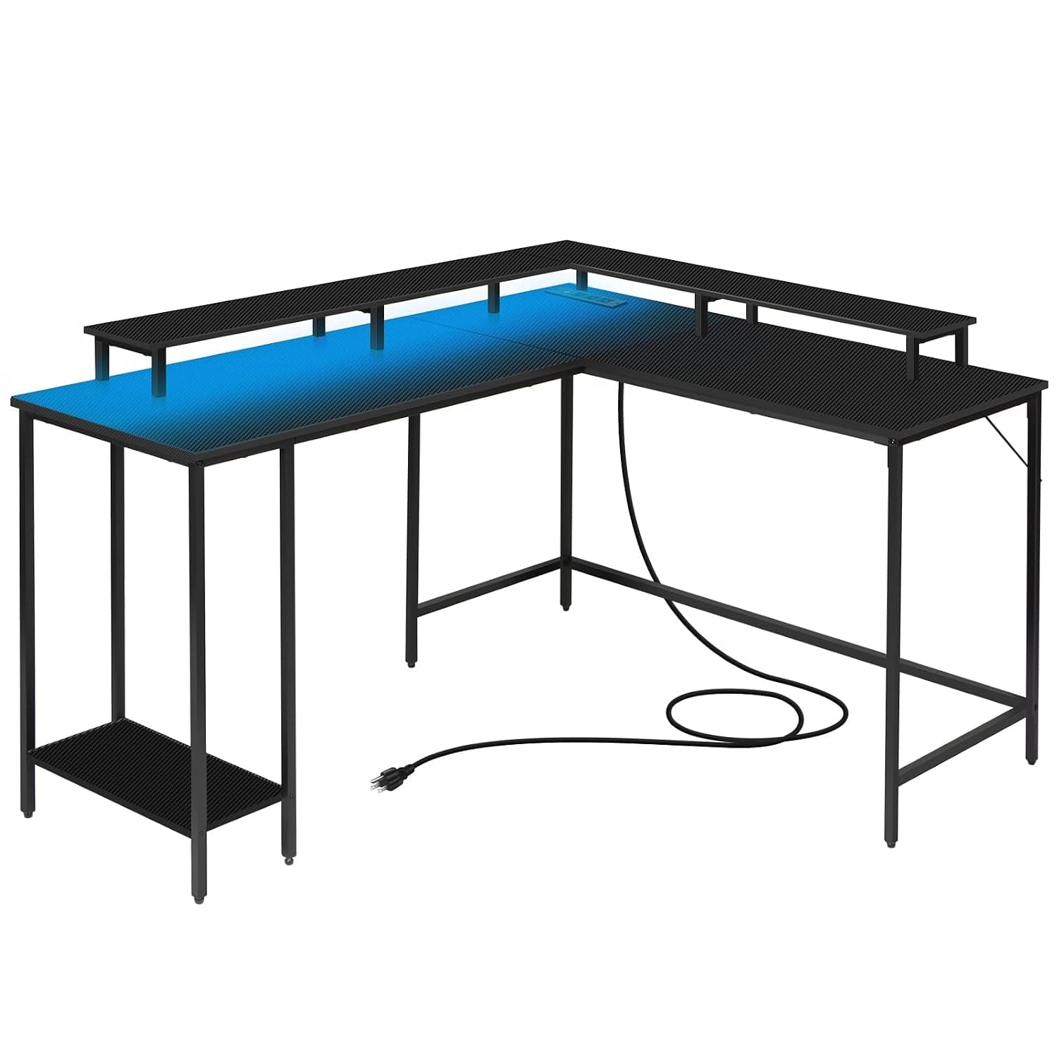Panana 120cm L Shaped Corner Gaming Desk Computer Desk with Monitor Stand, LED Lights, Power Outlets, Home Office Desk Study Writing Table for Workstation (Carbon Fiber Black)