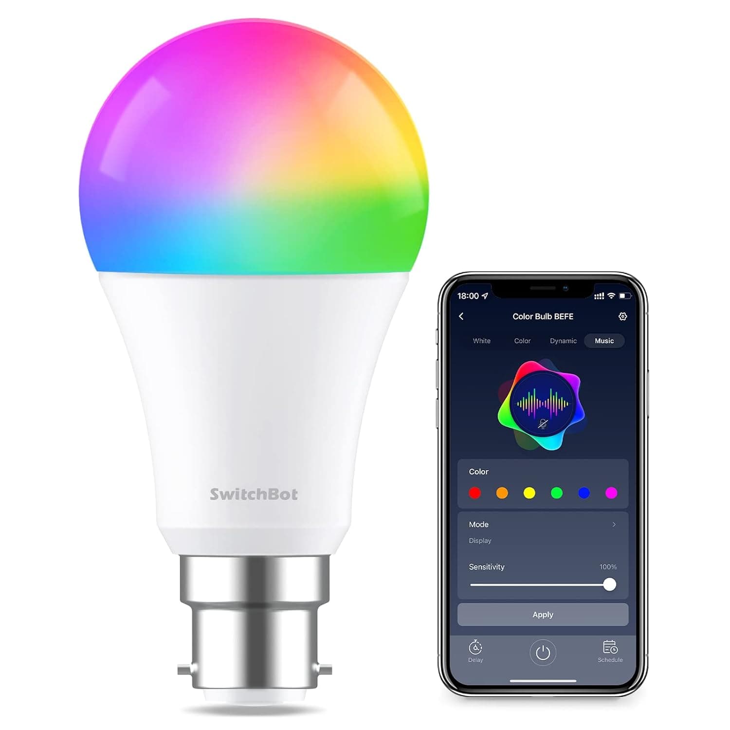 SwitchBot Smart LED Colour Bulb - B22 Colour Changing Dimmable WiFi&Bluetooth Bulb Works with Alexa and Google Home, RGBCW Multicolour Warm White 10W 800lms, 2.4GHz Only, No Hub Required