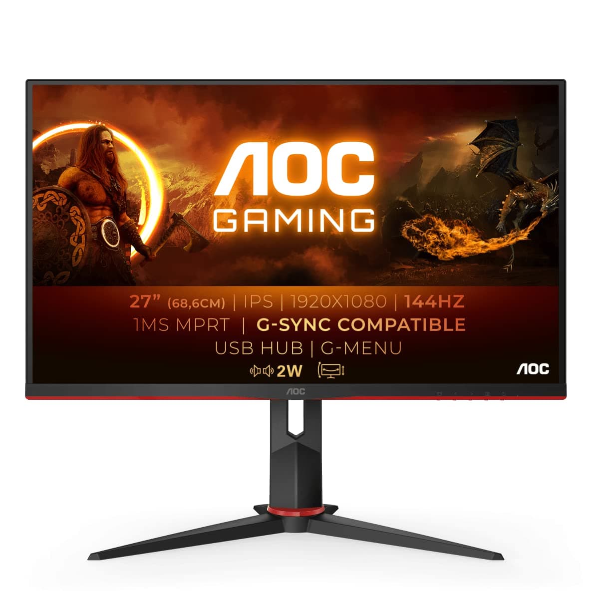 AOC Gaming 27G2U - 27 Inch FHD Monitor,144Hz,1ms, IPS, AMD FreeSync, Height adjust, Speakers, USB Hub, Low Input Lag (1920x1080 @ 144Hz 250cd/m², HDMI/DP/VGA/USB 3.0)
