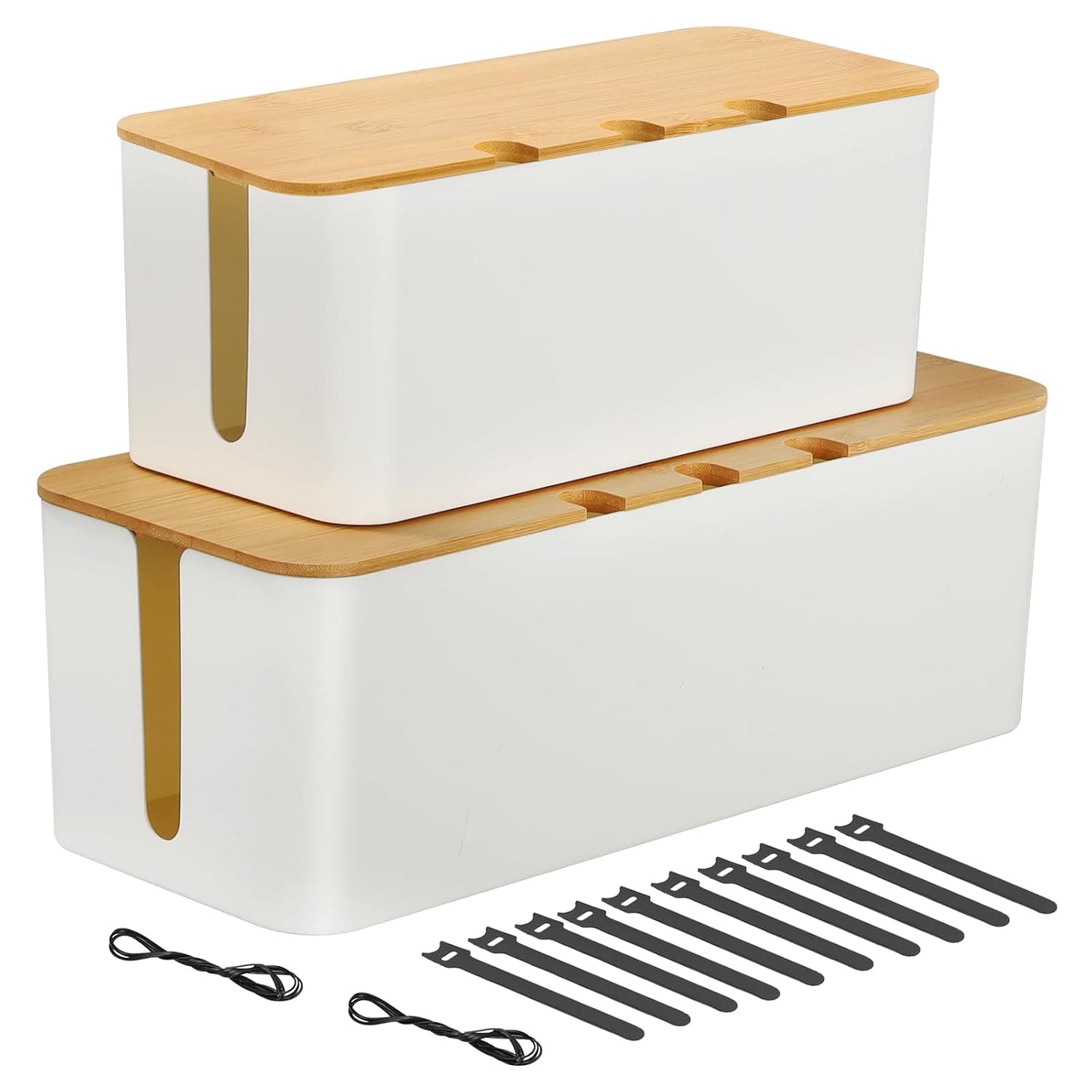 2 Cable Tidy Box, Cables Management with Reusable Ties Straps, Cable Organizer Box for Desk, Cord Storage Management with Lid,for Hiding Electric Wire Cord, Power Strip, Extension Lead White