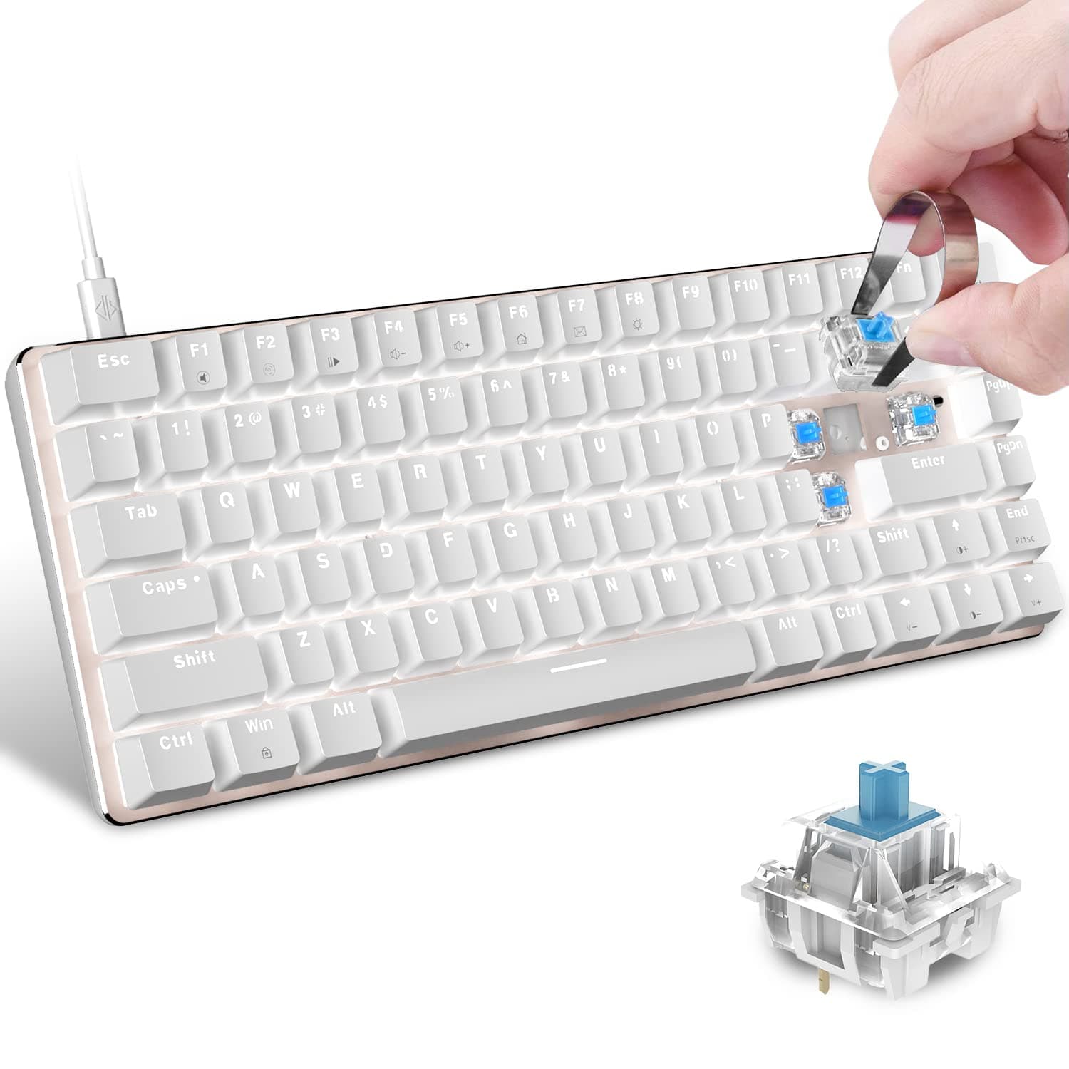 60% Mechanical Gaming Keyboard,Hot Swappable Compact 82 Keys Wired Mechanical Keyboard with White LED Backlit,Detachable Type-C Cable,Ergonomic Design,for Windows PC Gamers(Blue Switch,White)