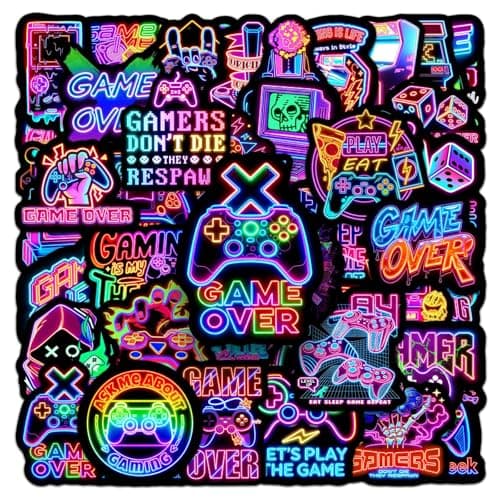 50 PCS Gaming Neon Stickers for Children Adults, PVC Gaming Stickers with Multiple Patterns, Cool Neon Sticker for Boys, Graffiti Sticker for Laptops Skateboards Luggage Helmets Bikes and Phones