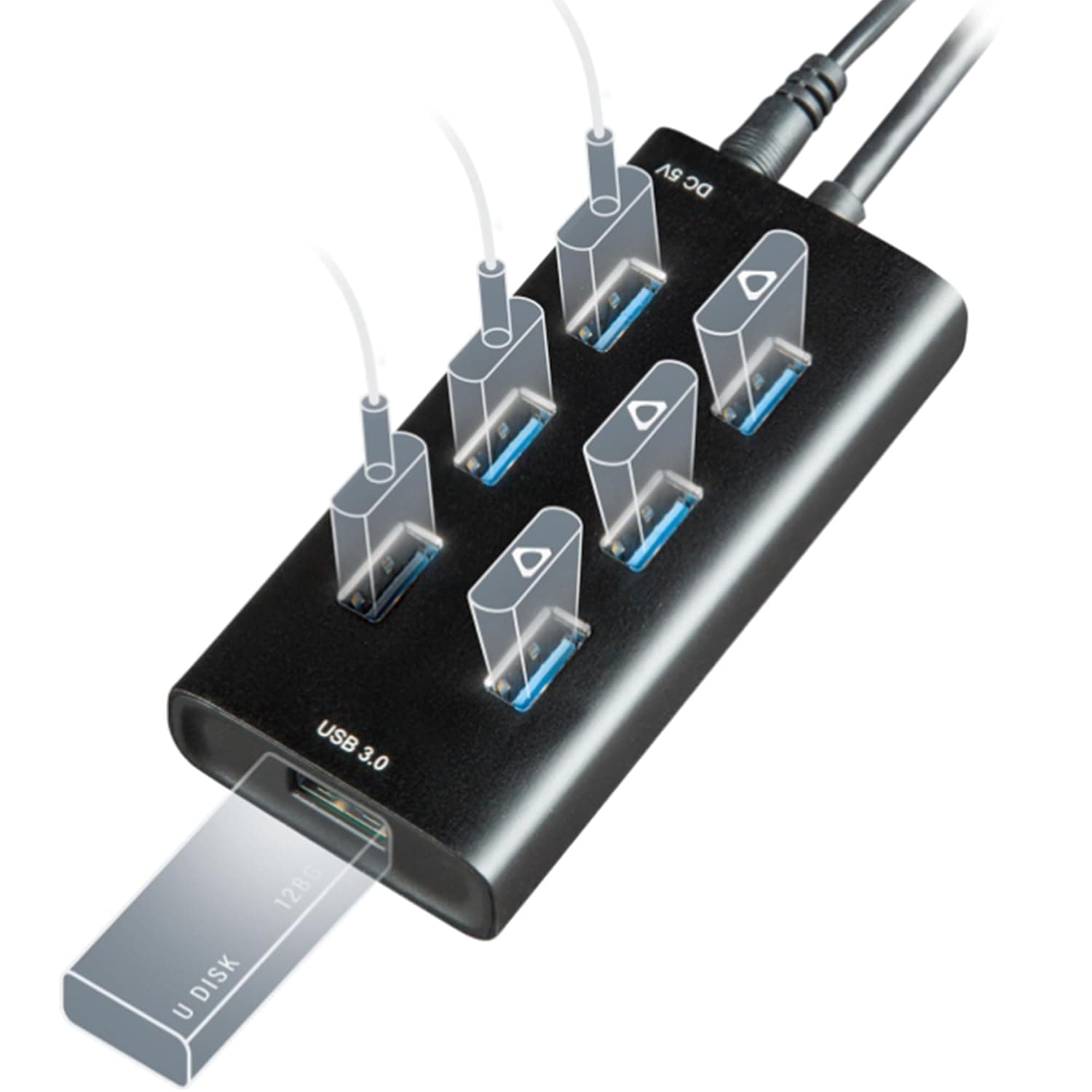 Rebuff Reality USB Hub 3.0-7-Port USB Hub with One Smart Charging Port, Supports Vive Tracker 3.0 2.0 & Other VR Dongles, Data Transfer for VR Trackers, MacBook, iMac, PC - Black, 31.5-inch Cable