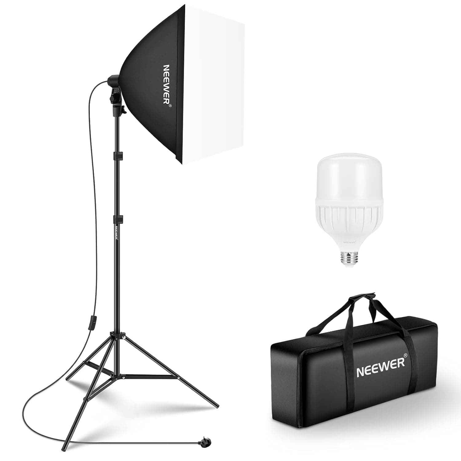 NEEWER 350W Equivalent Softbox Lighting Kit, 5700K LED Light Bulb, 24x24 inches Softbox with E26 Socket, Photography Continuous Lighting Kit, Photo Studio Equipment, NK300