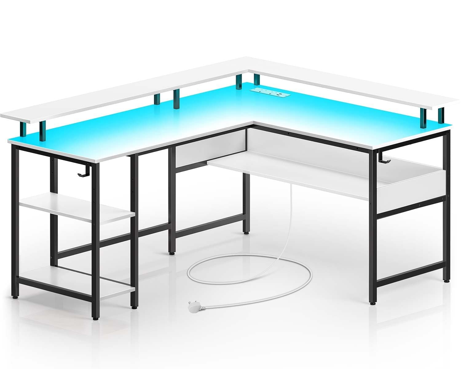 Rolanstar L-Shaped Corner Desk, Gaming Desk with LED Lights & Power Outlets, Computer Desk/Office Table with Storage Shelves and Hook, Monitor Stand for Home Study, Work & Play, 137×108 cm, White
