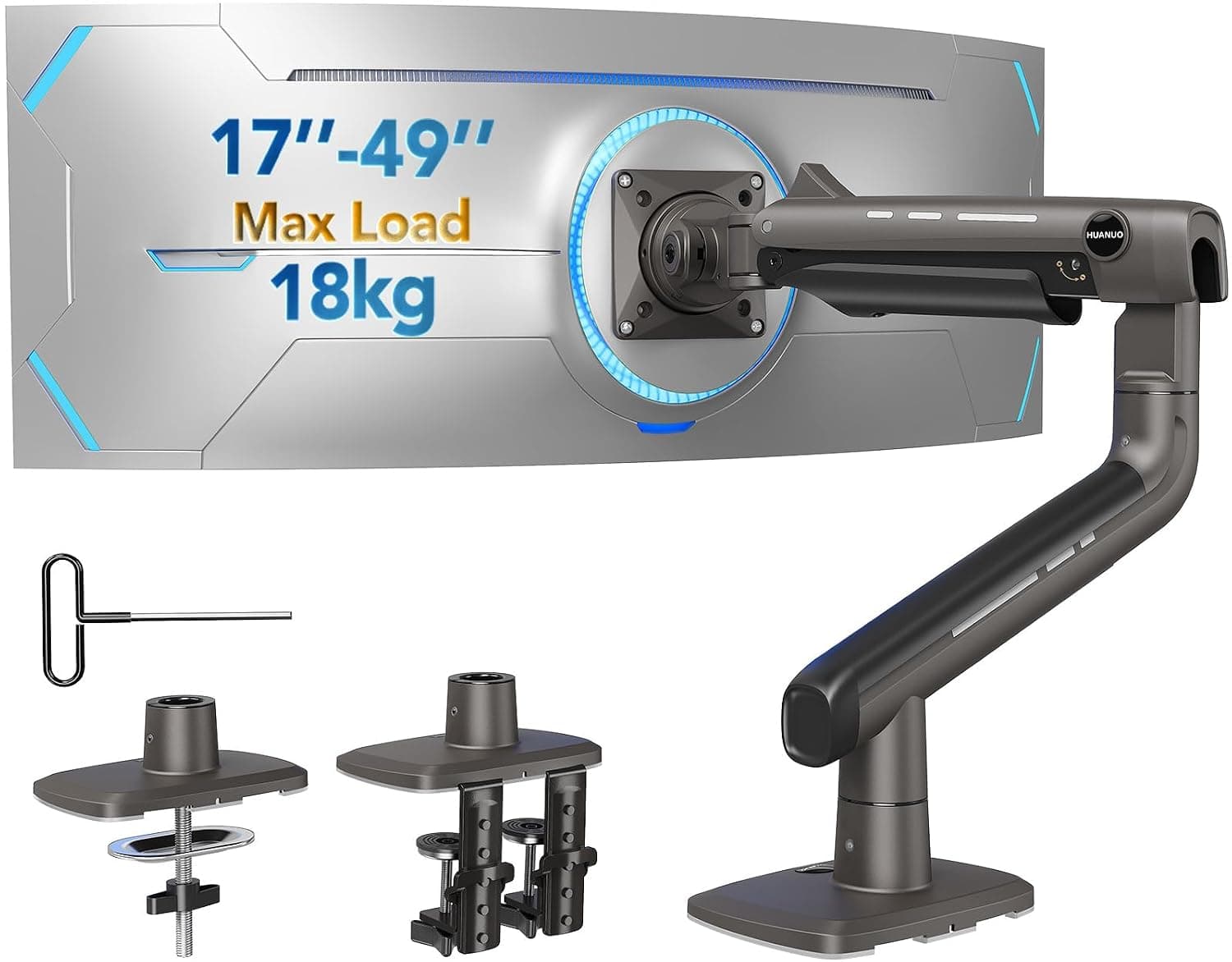 HUANUO Heavy Duty Monitor Arm for Ultrawide Screens up to 49", Holds 18kg, Ultrawide Screen Desk Mount,Fully Adjustable Single gaming Monitor Stand with C-clamp, Grommet Base, VESA 75/100