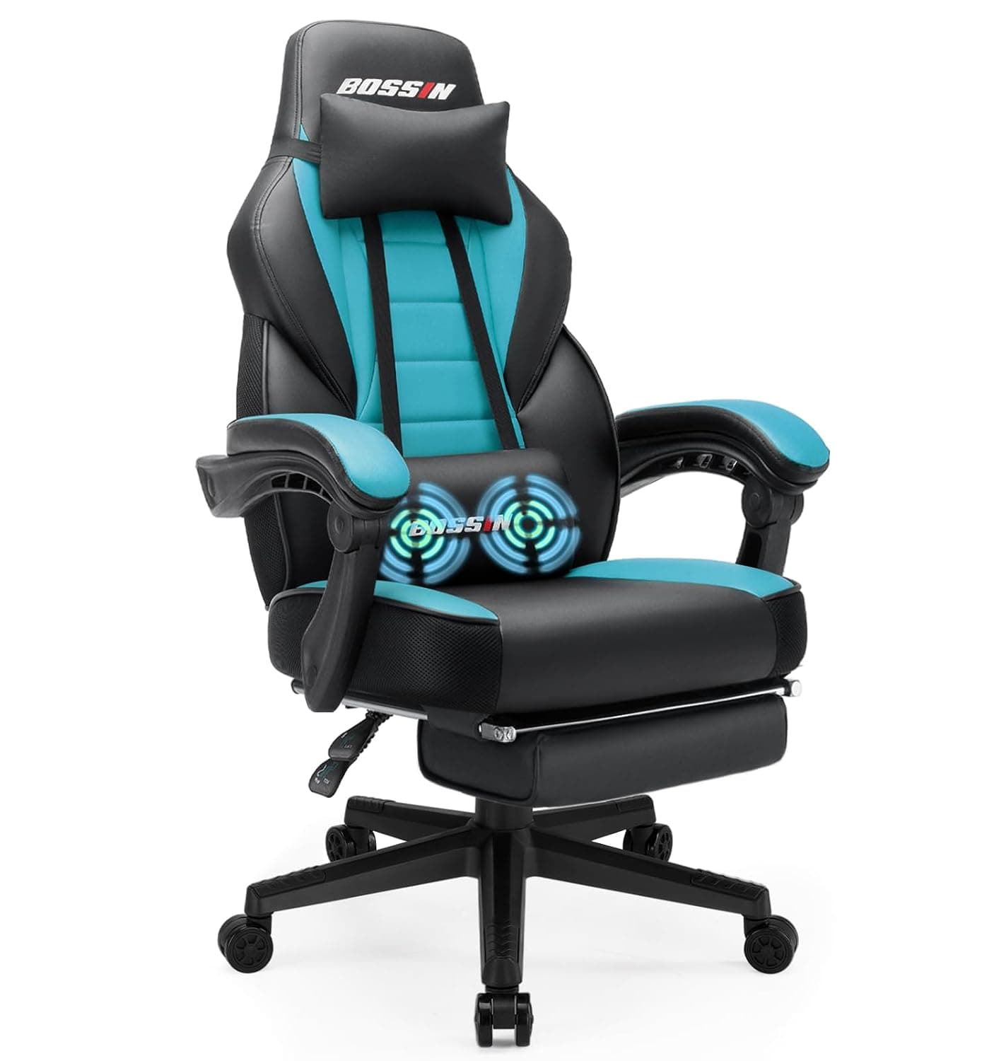BOSSIN Racing Style Gaming Chair Office Computer Desk Chair with Footrest and Headrest, Ergonomic Design, Large Size High-Back E-Sports Chair, PU Leather Swivel Chair Sillas Gaming (Tiffany Blue)