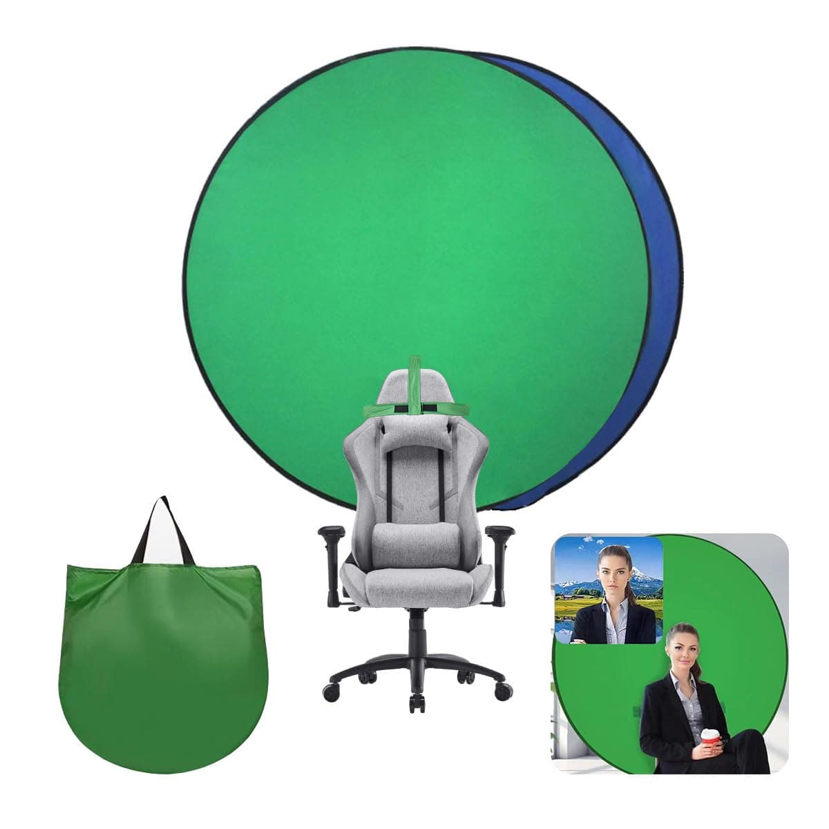 Portable Collapsible Webcam Backdrop With Package Bag, Attaches to Chair, Easy Setup, Wrinkle-Resistant Fabric, Perfect for Zoom Webex Teams TikTok, Background Green Blue Screen D59''