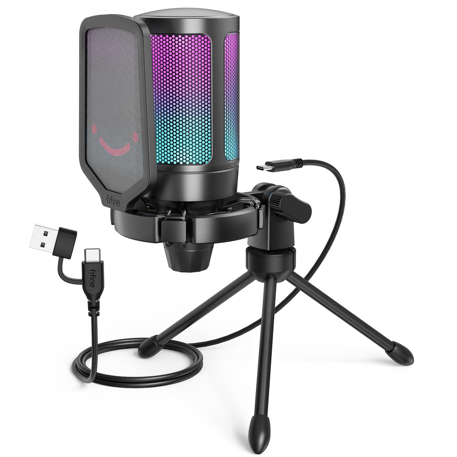 FIFINE AmpliGame A6V RGB USB Gaming Microphone | USB Condenser Mic for PC, PS5. Tap-to-mute, Shock Mount, Pop Filter, Gain Control. for Streaming, Podcast, Discord, Twitch.