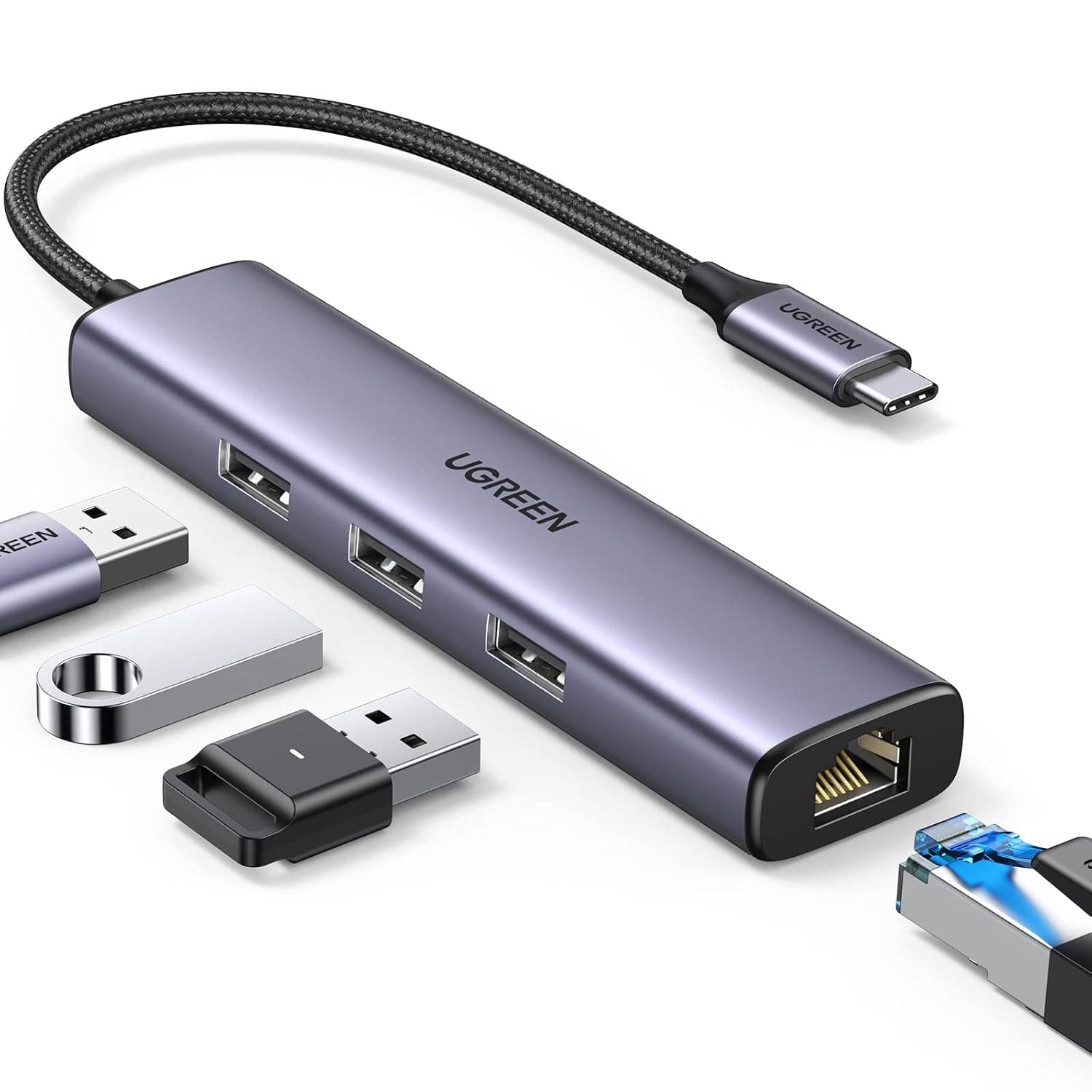 UGREEN USB C Hub Ethernet, Gigabit USB C Network Adapter with an RJ45 LAN Internet Port & 3 5Gbps USB 3.0 Ports Compatible with Thunderbolt 3 Mac, iPhone 15 Pro, Steam Deck, Switch, Hard Drive, Mouse