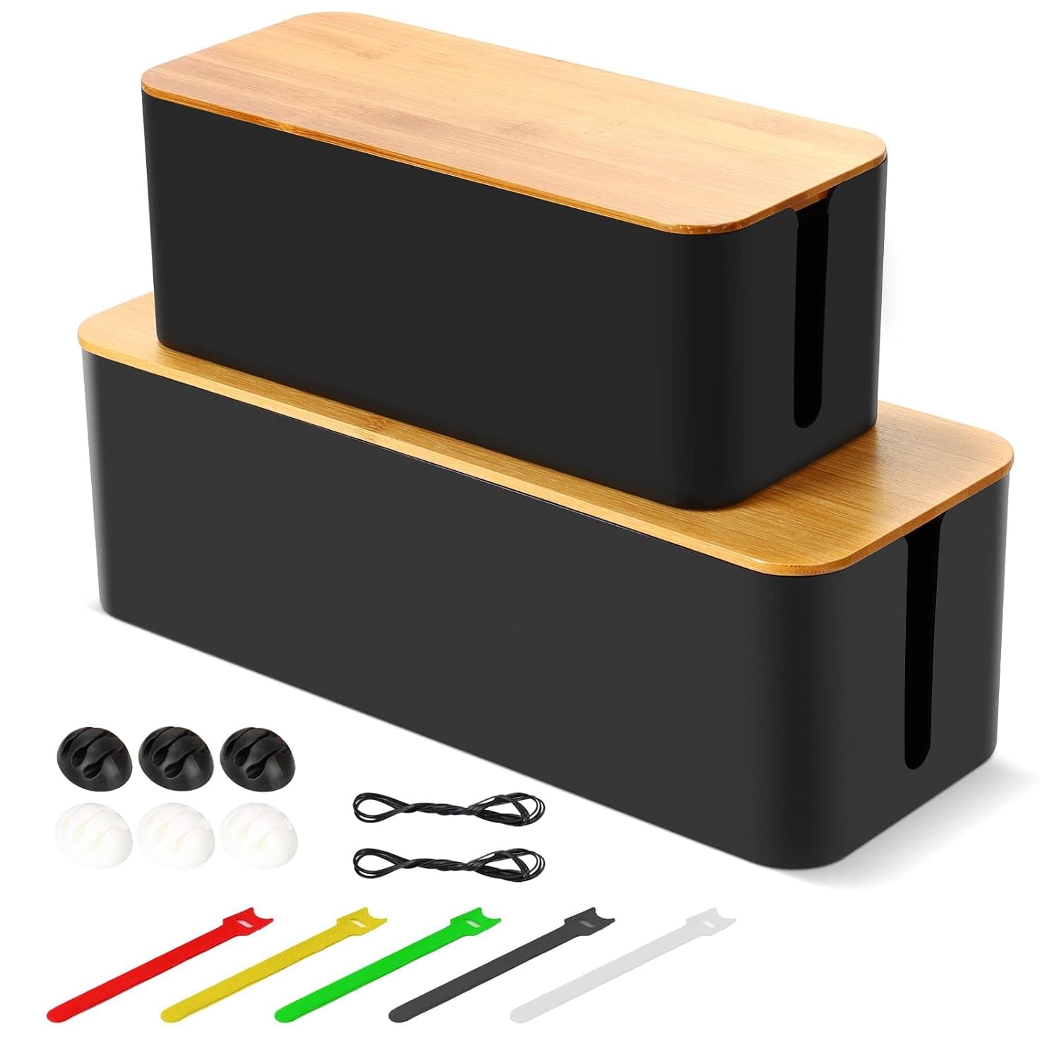 BEZORR Cable Tidy Box, Set of 2 Cable Management Box for Cable and Cord Management, Cable Organisers with Bamboo Lid for Hiding Messy Cables Wire Management - Black