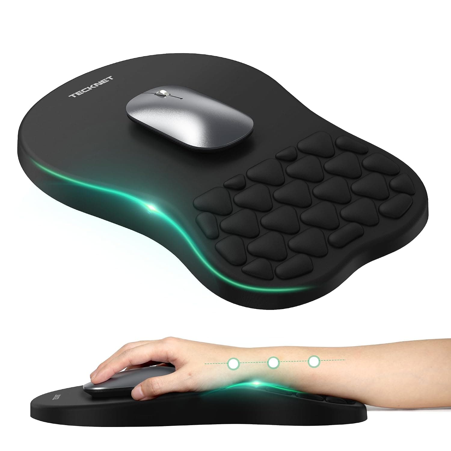 TECKNET Mouse Mat Wrist Support, Ergonomic Wrist Rest Mouse Pad, Black | Ergonomic Massage Bumps, Pain Relief Mousepad, Non-Slip PU Base, Smooth Lycra Surface, Spill-Proof, for Home/Office/Gaming
