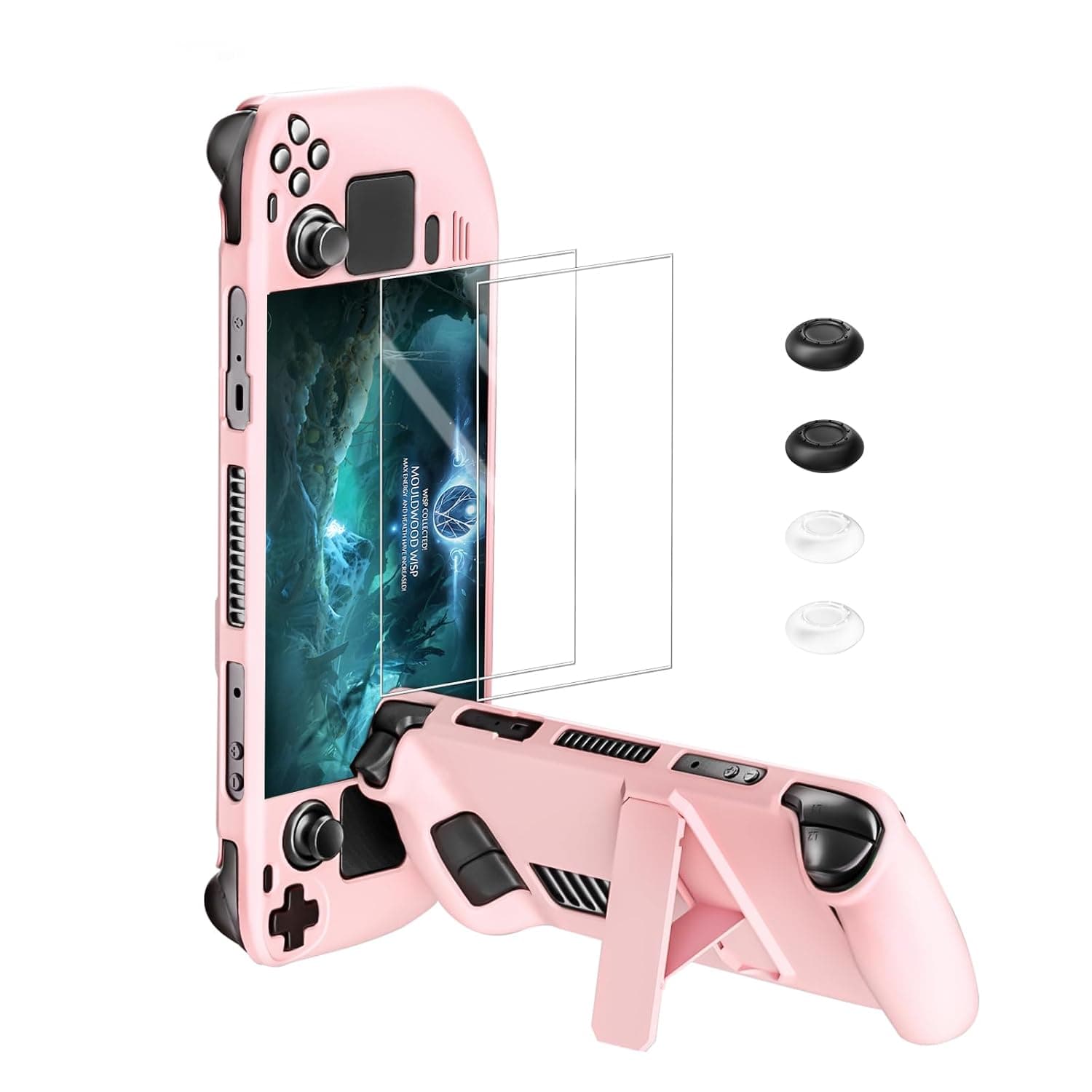 bibuks Steam Deck Case,Steam Deck OLED Protective Case,Non-Slip Skin Protective Shell Accessories with Kickstand ,2 Screen Protector, 4 Thumb Grip (Pink)