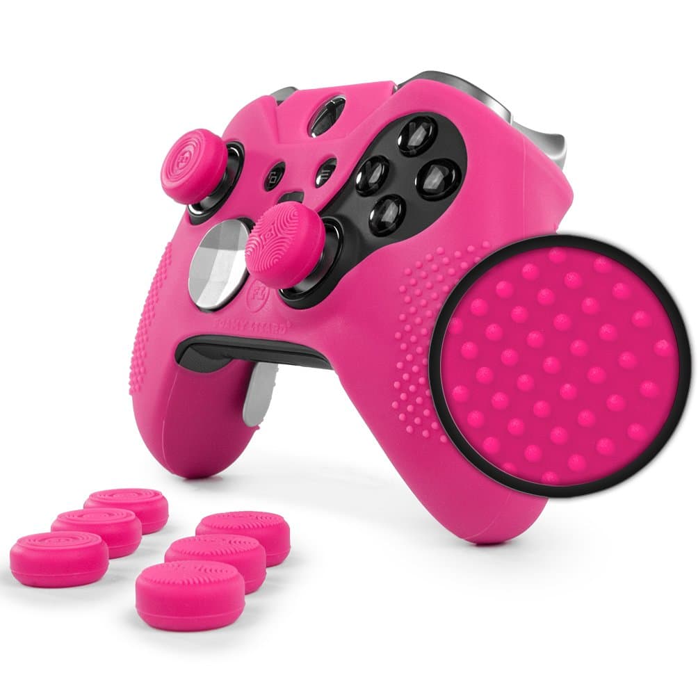 ElitePro Grip STUDDED Skin Set for Xbox One ELITE Controller by Foamy Lizard ® Sweat Free Silicone Skin w/ Raised Anti-slip Studs PLUS set of 8 QSX-Elite Thumb Grips (SKIN + QSX-E GRIPS, PINK)