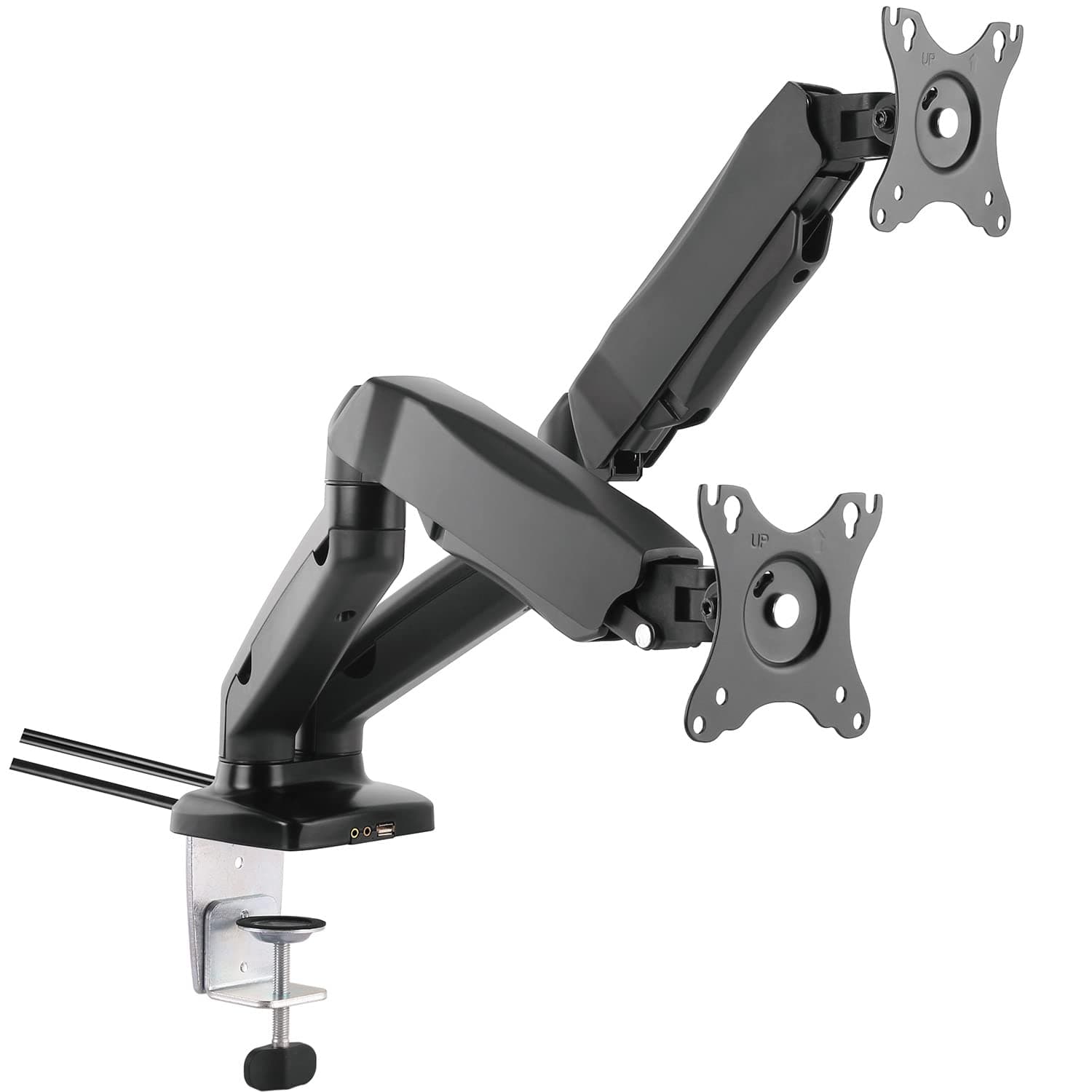 Allcam GU30-serie Gas Powered Dual Monitor Arm Stand w/vesa bracket & desk mount clamp & grommet for two 17"-27" LCD : Tilt 135°, swivel & rotate 360°, USB & Audio ports - in Black