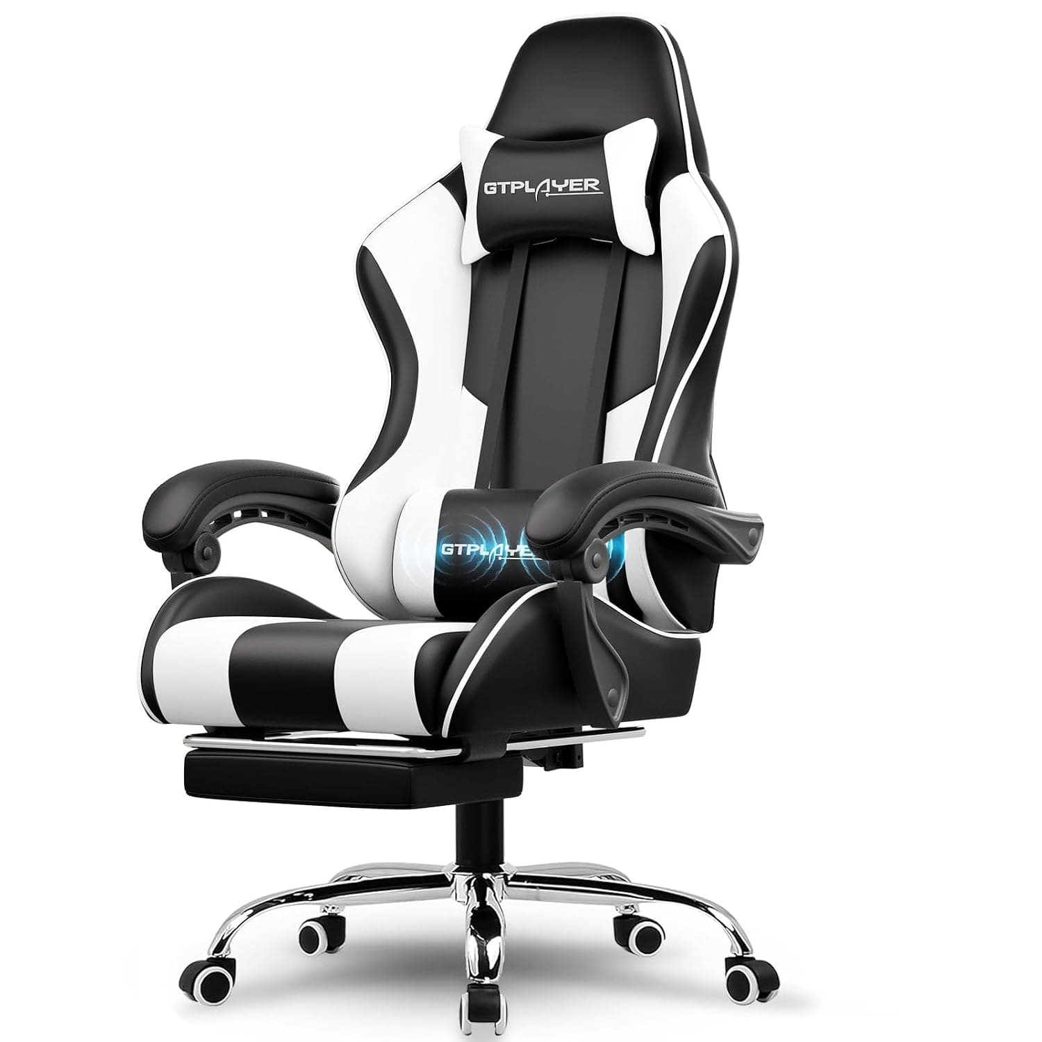 GTPLAYER Gaming Chair, Massage Computer Chairs with Footrest, Headrest and Lumbar Support Height Adjustable Ergonomic 360°-Swivel PC Chair White