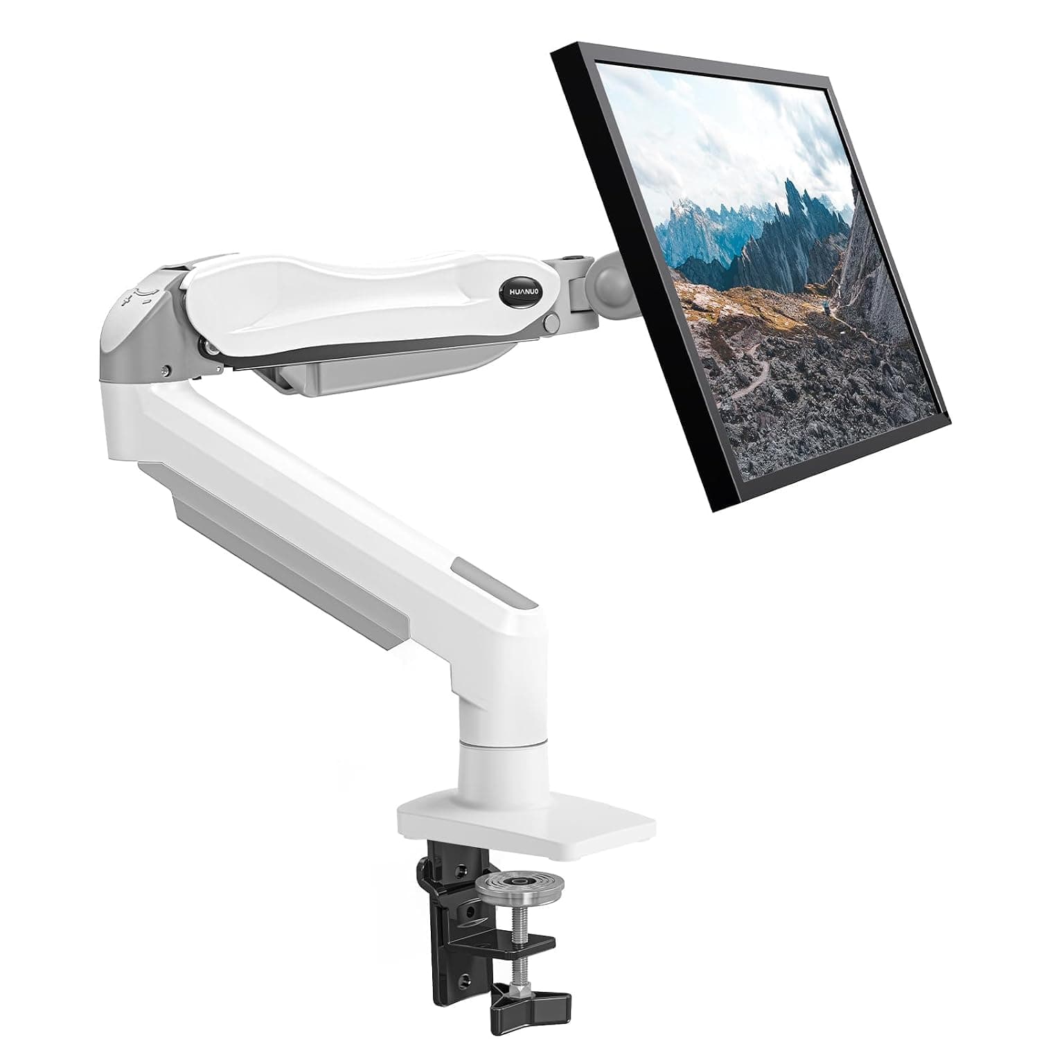 HUANUO Single Monitor Arm Desk Mount for 13 to 32 inch Screens, Tool Free Height Adjustable Monitor Stand with Tilt Swivel Rotate, 75 & 100mm VESA Mount, Load 9kg, C-clamp & Grommet Options White