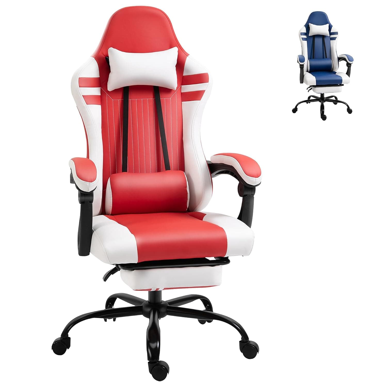 Vinsetto PU Leather Gaming Chair with Headrest, Footrest, Wheels, Adjustable Height, Racing Gamer Chair, Red White