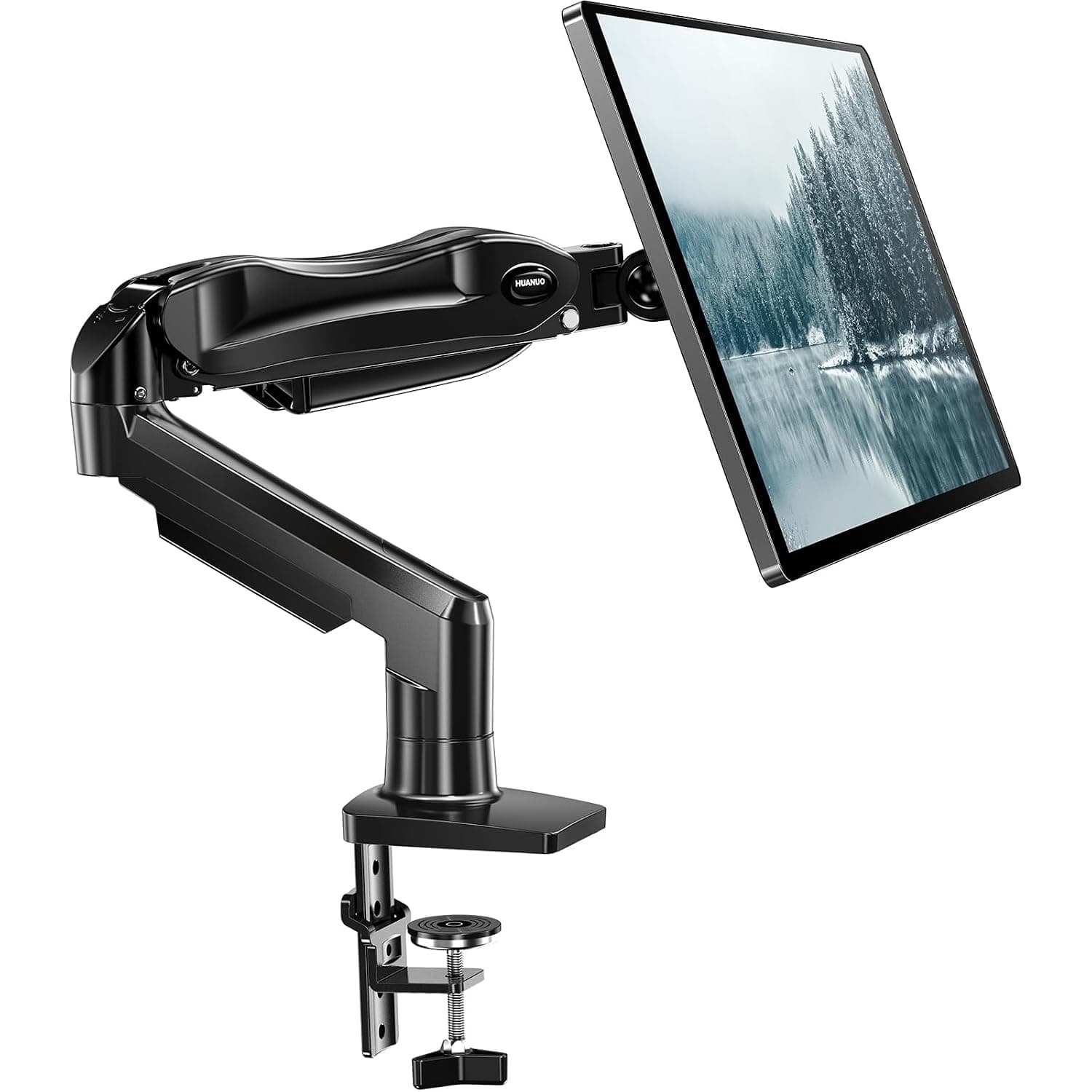 HUANUO Single Monitor Arm Desk Mount for 13 to 32 inch Screens, Tool Free Height Adjustable Monitor Stand with Tilt Swivel Rotate, 75 & 100mm VESA Mount, Load 9kg, C-clamp & Grommet Options