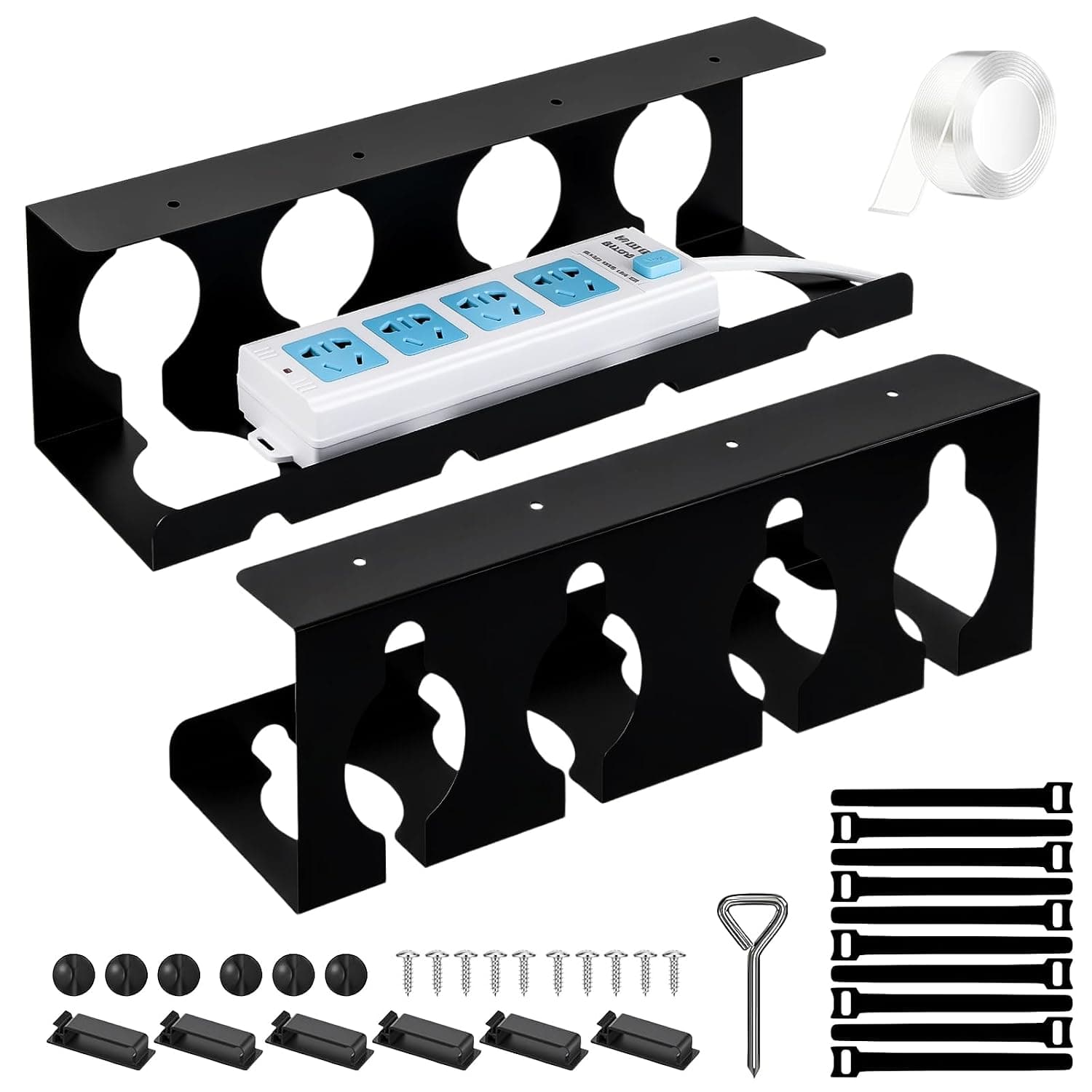 Set of 36 Cable Management Desk, Self-Adhesive and Screwed, 2 Cable Duct Black, Cable Holder with 12 Cable Holders, 10 Screws, 10 Ties, Screwdriver, Band, Cable Organiser