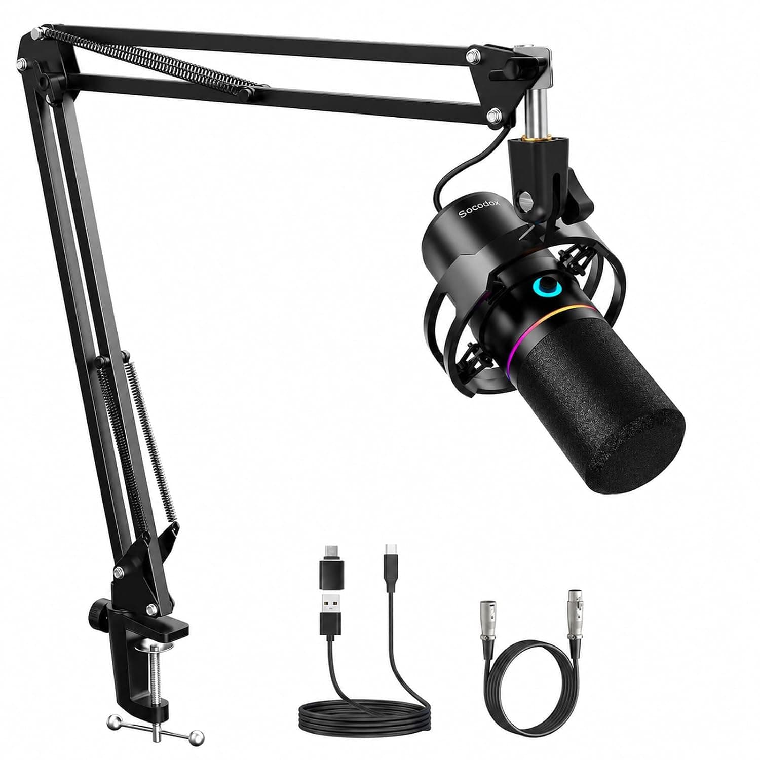 socodox XLR/USB Gaming Microphone with Boom Arm for Streaming | Dynamic Microphone with One-Touch Mute, Gain Control, Headphone Jack, RGB Lighting for Podcast, Recording Vocal