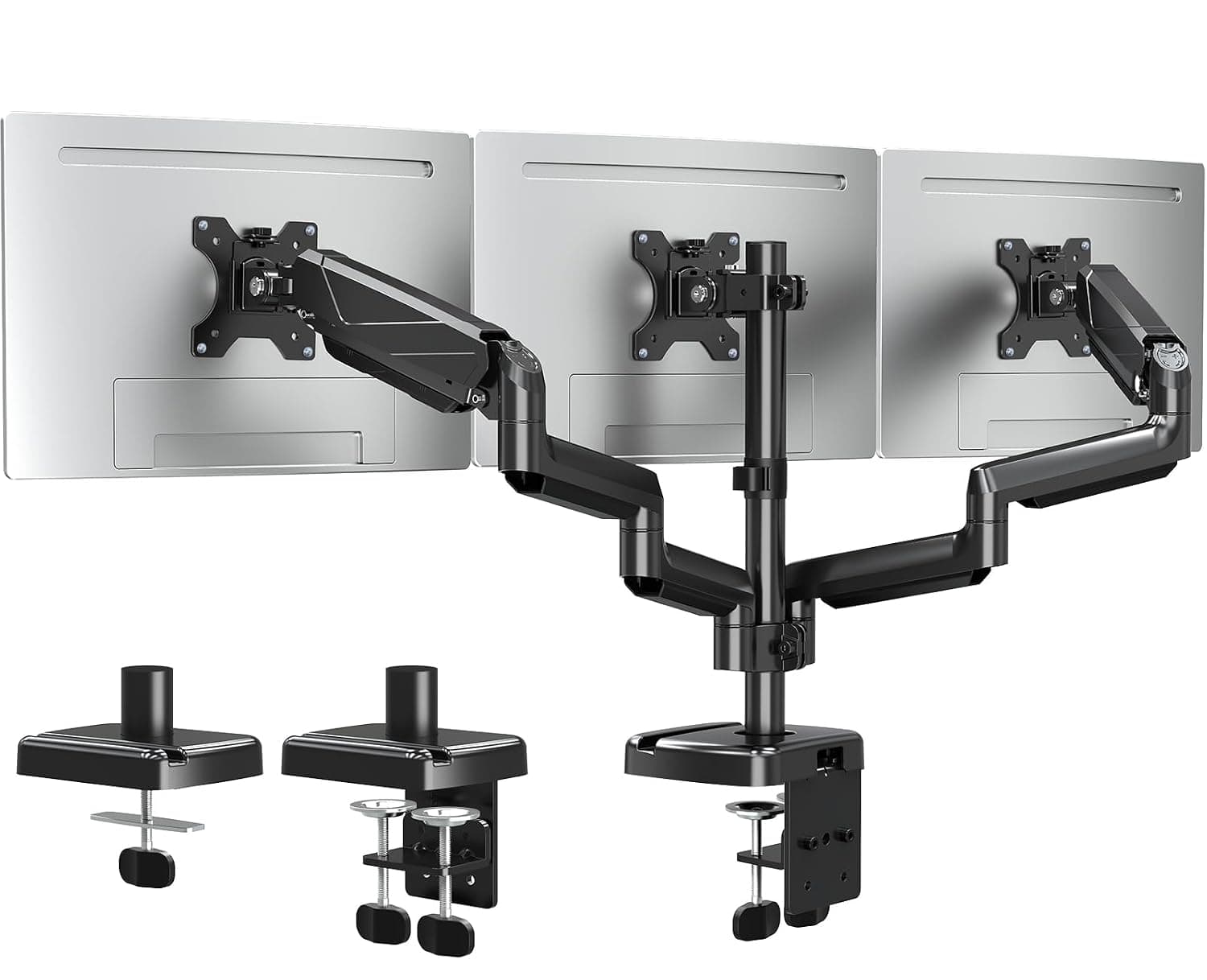 ELIVED Triple Monitor Arms for 13-27 inch Screen, for Surround Viewing | Adjustable Full Motion 3 Monitor Desk Mount, VESA 75&100 mm, Each Holds up to 19.8 lbs, C-Clamp/Grommet Base