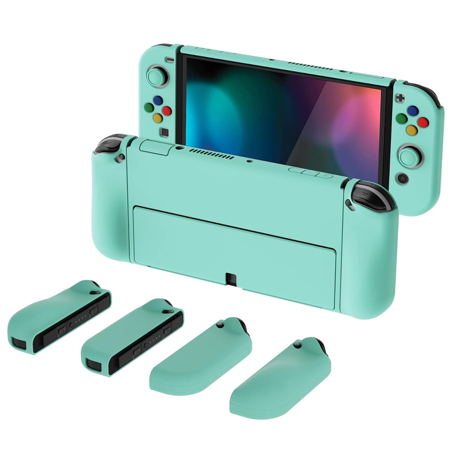 PlayVital AlterGrips Protective Slim Case for Nintendo Switch OLED, Dockable Hard Shell for Switch OLED w/Thumb Grip Caps & Button Caps - Misty Green | Hard PC Shell, Ergonomic Handles, Thumb Grip Caps, Non-slip Handling, Precise Fit, Foggy Green