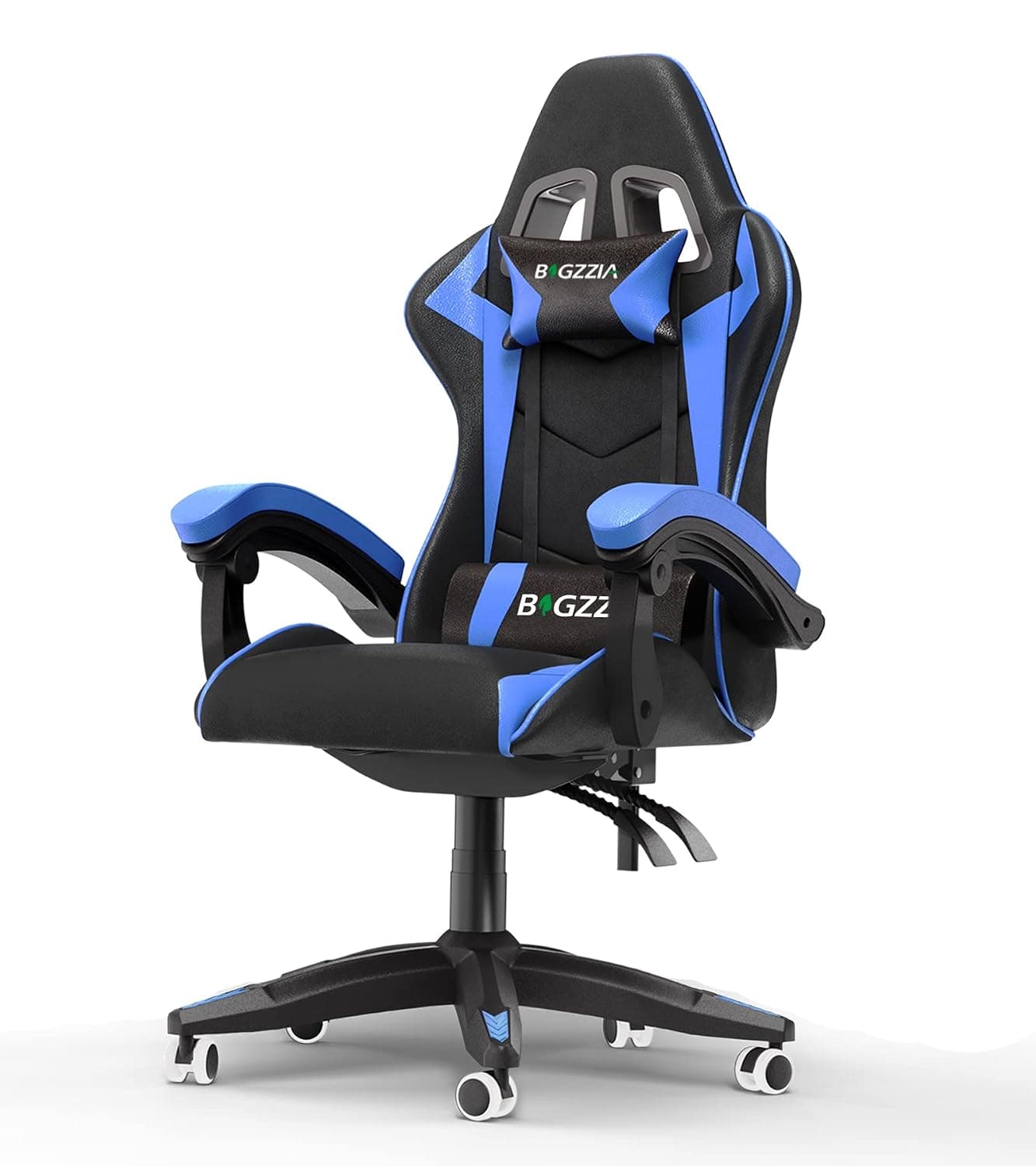 Bigzzia Gaming Chair with RGB Computer Chair with Light Reclining PU Leather Video Game Chair with Headrest Adjustable Lumbar Support (Without RGB led, Black/Blue)