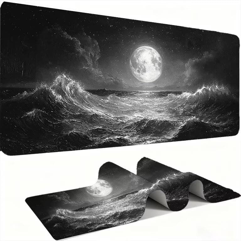 Large Gaming Mouse Pad (900 x 400 x 3 mm) XXL Extended Desk Mat, waves Lune Mouse Mat, Gaming Keyboard Mousepad, Smooth Surface,Big Desk Pad with Non-Slip Base and Stitched Edge Office/Gaming. w0w-824