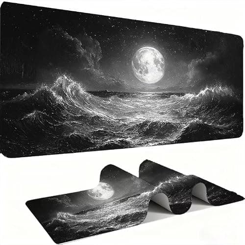 Large Gaming Mouse Pad (900 x 400 x 3 mm) XXL Extended Desk Mat, waves Lune Mouse Mat, Gaming Keyboard Mousepad, Smooth Surface,Big Desk Pad with Non-Slip Base and Stitched Edge Office/Gaming. w0w-824
