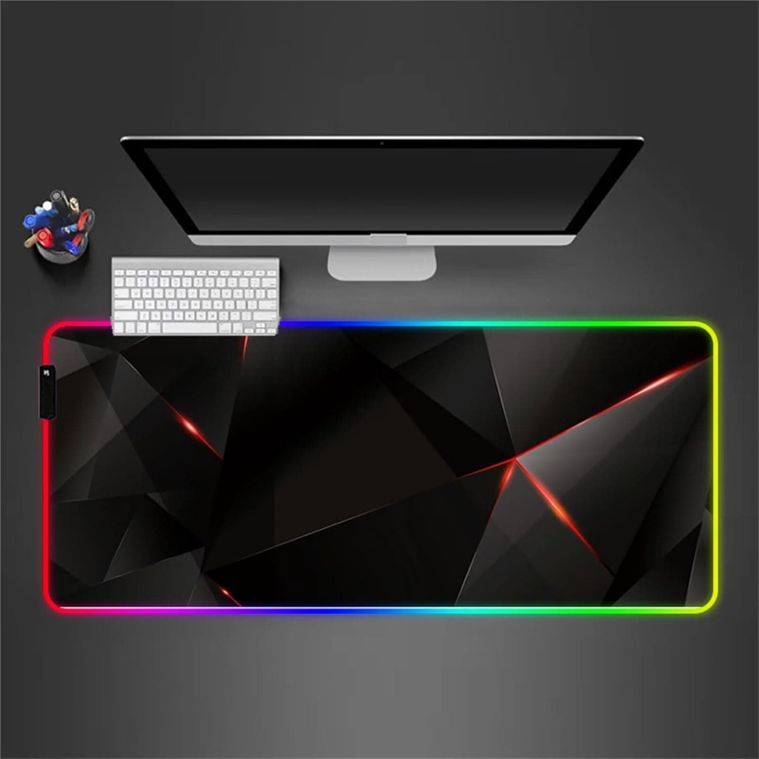 RGB Gaming Mouse Pad with Non-Slip Rubber Base Large Luminous LED Mouse Mat 7 Colors 31.5x11.8x0.12 inch Computer Keyboard Desk Pad for Gamers Office Work (Red Geometric)