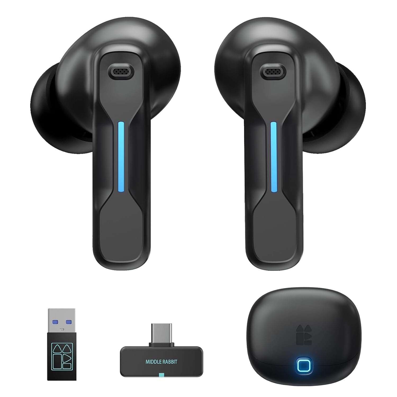 Middle Rabbit SW5 USB C Wireless Gaming Earbuds with Mic, 20ms Low Latency, 2.4G Dongle & Bluetooth 5.4 Dual-Mode Headphones, IPX4 4 Built-in Microphones, Compatible with PC Mobile PS5 PS4 Switch VR