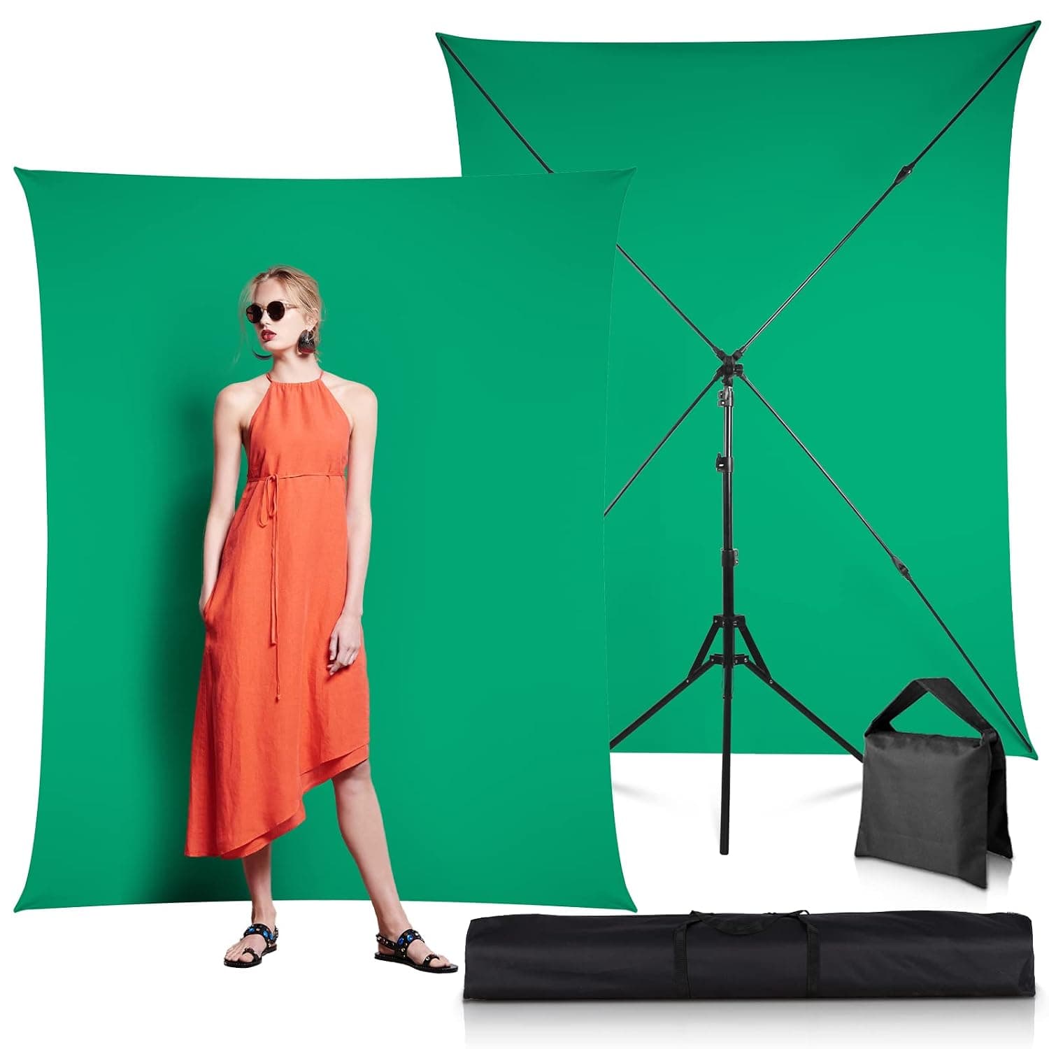 Green Screen with Stand for Photography, Foccalli Portable Backdrop Stand Kit with Chromakey Muslin Background for Meeting YouTube Video Streaming Gaming