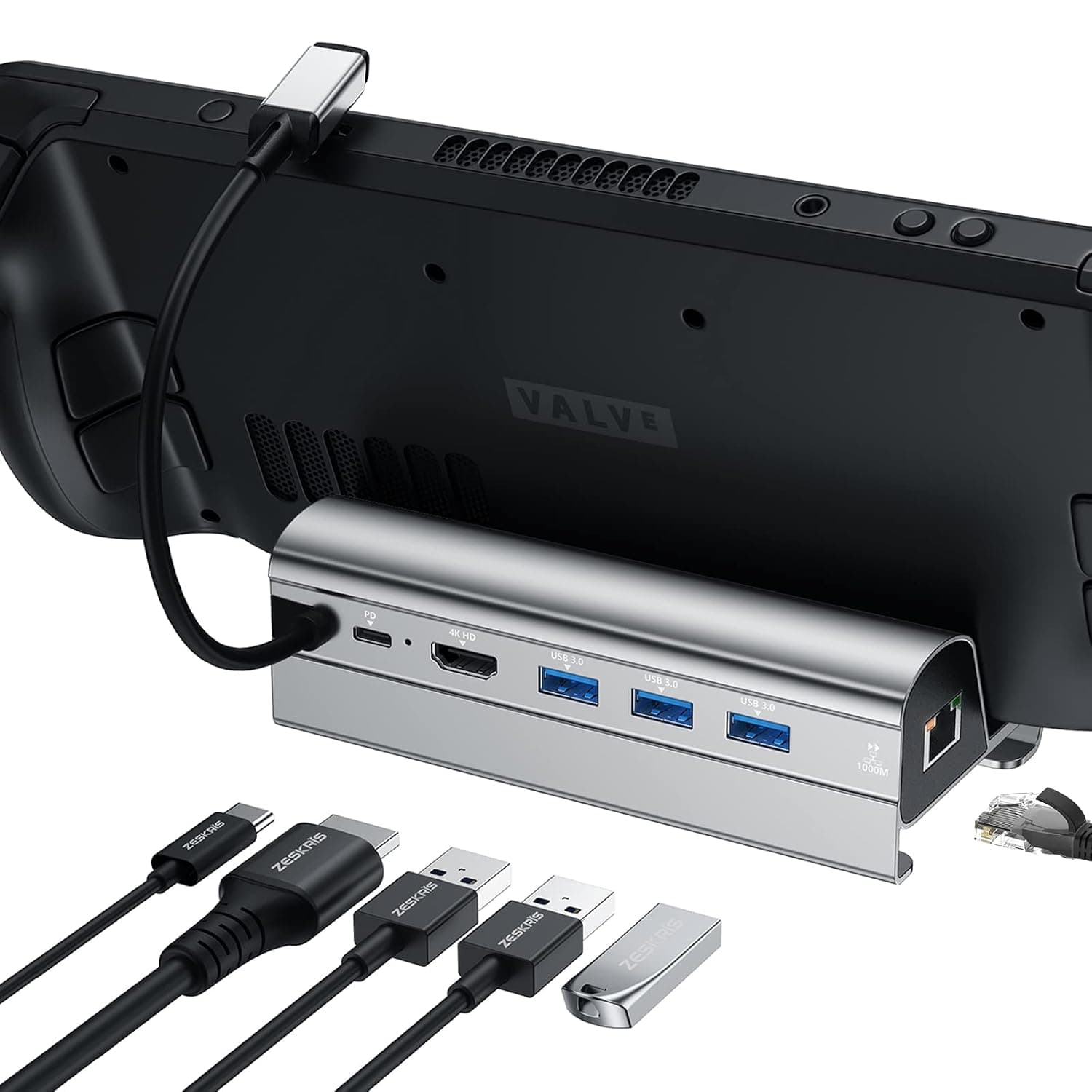 ZESKRIS 6-in-1 Steam Deck Dock with 4K HDMI, 1000Mbps Ethernet, 3 USB-A 3.0 Ports, USB-C Hub, 100W Powerful Pass-Through Charging for Steam Deck, Smartphones, Gaming Consoles, Tablets in Silver