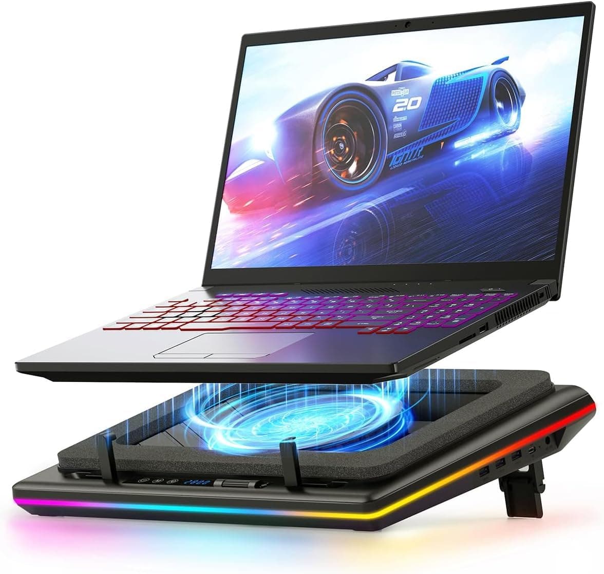llano RGB Laptop Cooling Pad with Powerful Turbofan Gaming Cooler | Radiator with Infinitely Variable Speed, Touch Control, LCD Screen, 3-Port USB Hub, Seal Foam for Notebook Computer 15-19in