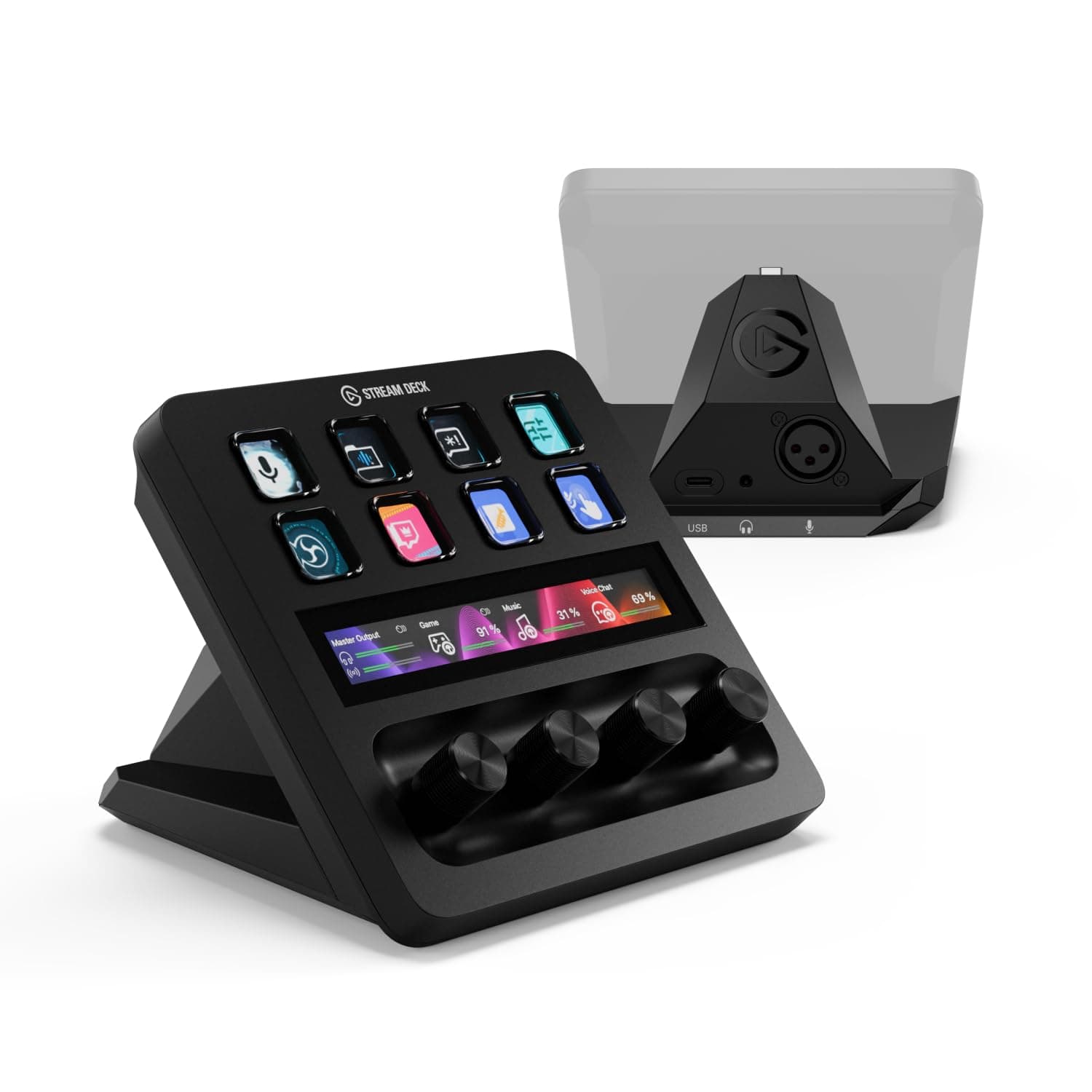 Elgato Stream Deck + XLR Audio Mixer, Rear Mic Interface | Built-in XLR-to-USB interface, 75dB gain, 48V phantom power, Tactile dials and touch strip, Works with any XLR mic