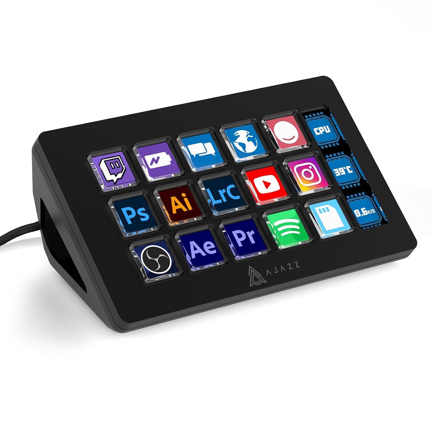 A.JAZZ AKP153 Stream Studio Controller Stream Deck-Type-c Wired with 15 Macro LCD Key&1 Side Screen Display Detachable Stand for Multi Action Triggered in WIN MAC Twitter TikTok YouTube OBS App(Black)
