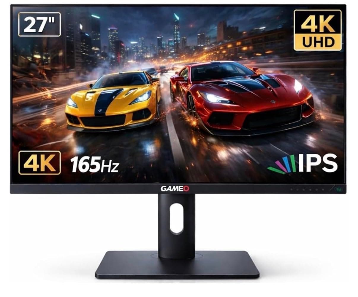 GAMEO 27 Inch Gaming Monitor, 4K UHD 3840×2160 165Hz, Fast IPS Computer Monitor, 1ms MPRT, HDR ready, 100% sRGB, Adaptive Sync, HDMI 2.1 & DP 1.4, Height Adjustable, VESA 100x100, G Series 27UHD165IPS