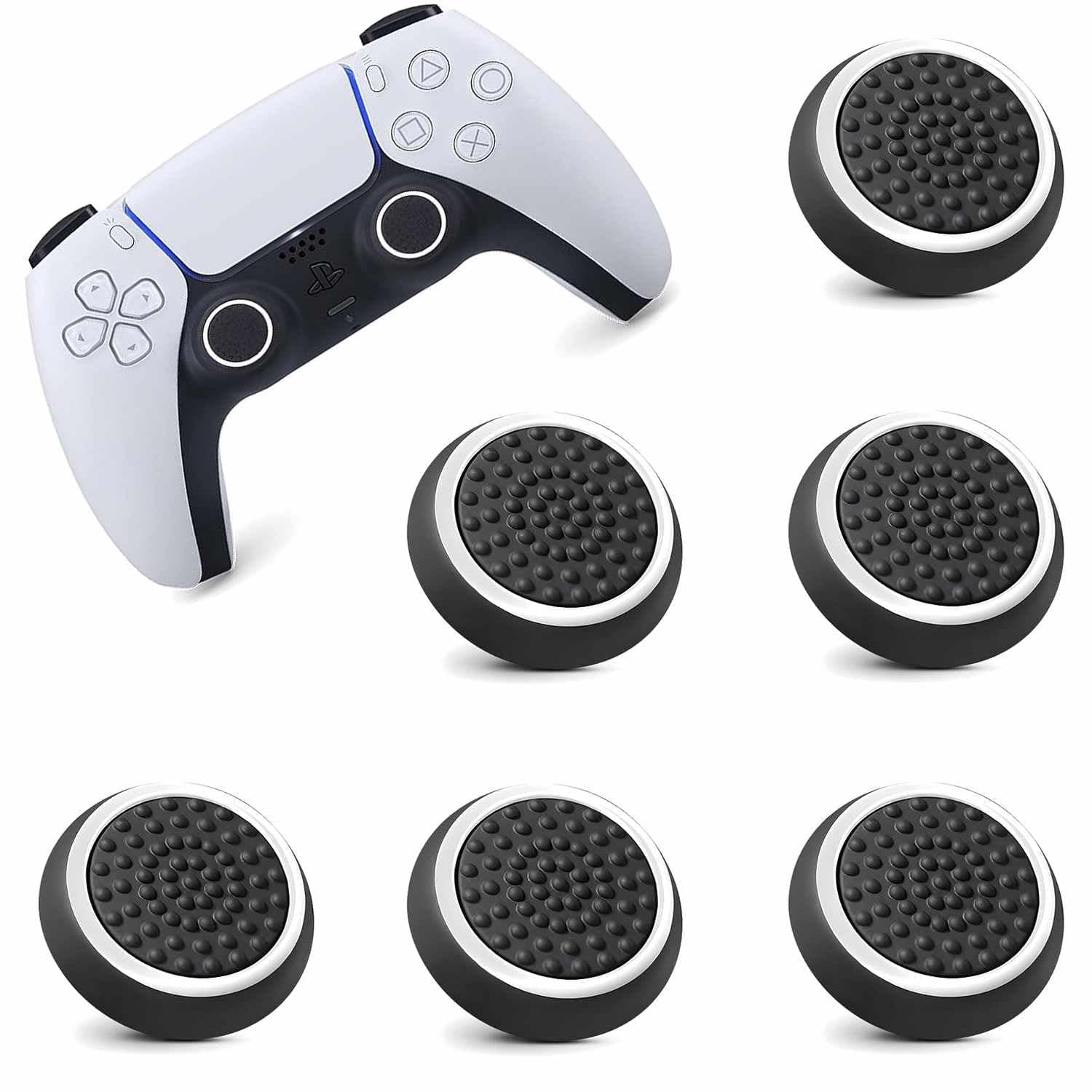 6PCS Silicone Thumb Grip Caps - Anti-Slip Texture Black with White Rings - Xbox/PS5/Switch Controller Joystick Covers - Compatible with PS5, Xbox Series X/S, Nintendo Switch