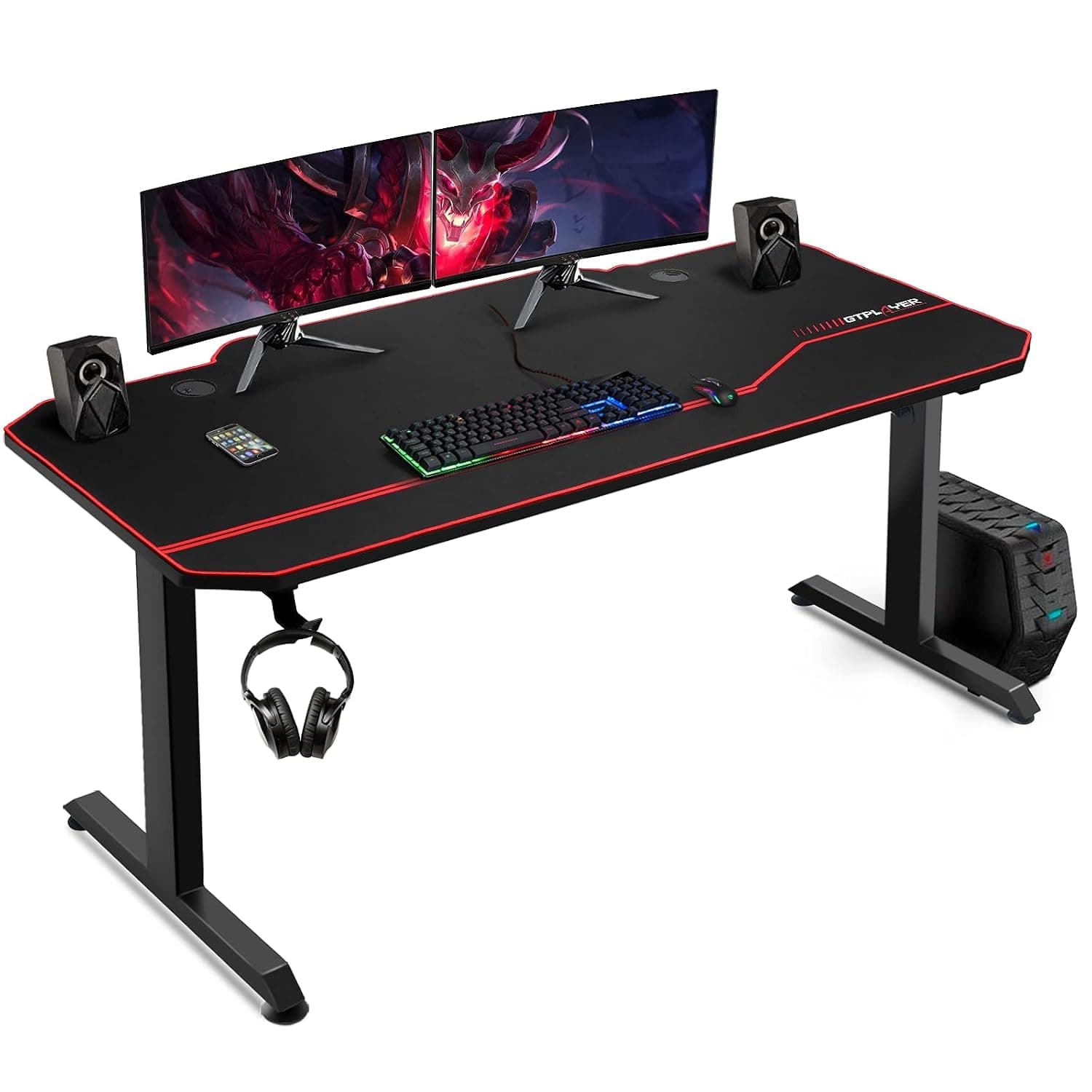 GTPLAYER Gaming Desk 140cm Computer Desk Home Office Desk with Free Fullsize Mouse Pad Adjustable Feet PC Desks Workstation T-shaped Metal Frame Table Black