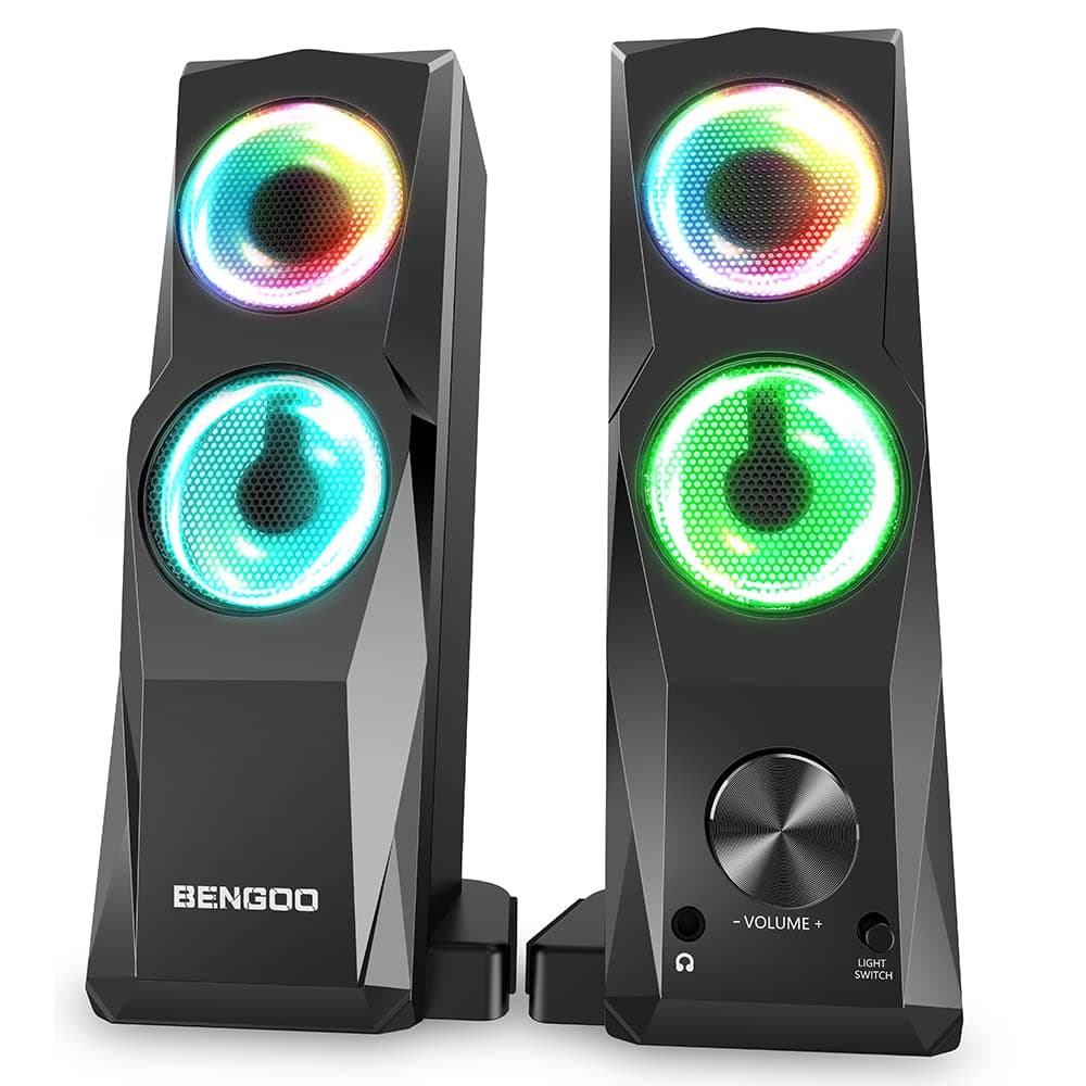 BENGOO Computer Speakers, 2.0 Channel Stereo Desktop Sound Bar, USB Powered & 3.5mm Aux-in PC Gaming Speaker Soundbar With Headphone-in, RGB Lighting, Volume Control for Desktop Laptops Monitor