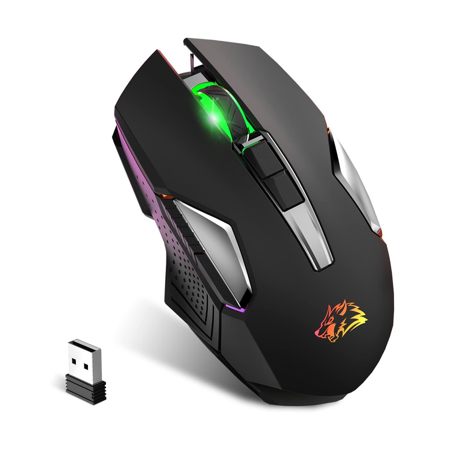 KUIYN X18 Wireless Gaming Mouse 2.4G, Rechargable-XG502, 600mAh Ultra-Long Life, 7 RGB Light, 2400 DPI, Intelligent Power Saving, Silent Click, USB Receiver, Optical, for PC/Mac/PS4/XBOX (Black)