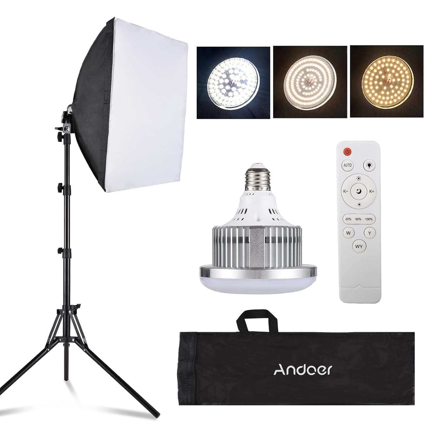 Andoer Softbox Lighting Kit 3000K-7500K 85W Bi-color Temperature Bulb with Remote, Photography Lighting Kit with 40x40cm Softbox, 1.7m Light Stand, Softbox Kit for Studio Live Streaming Photography