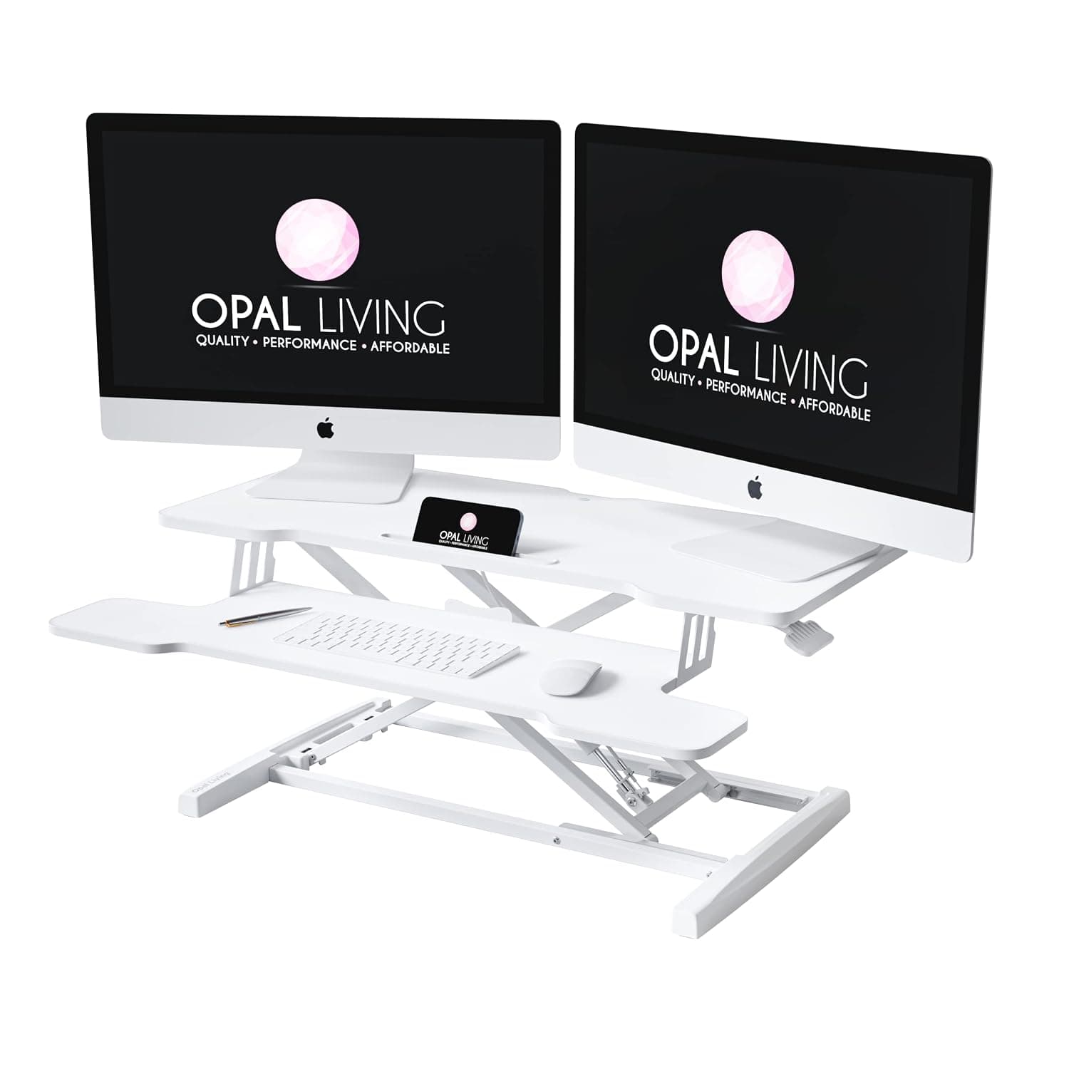 Opal Living Large 36" White Standing Desk Converter with Keyboard Raiser - Adjustable Sit to Stand Desk Stand