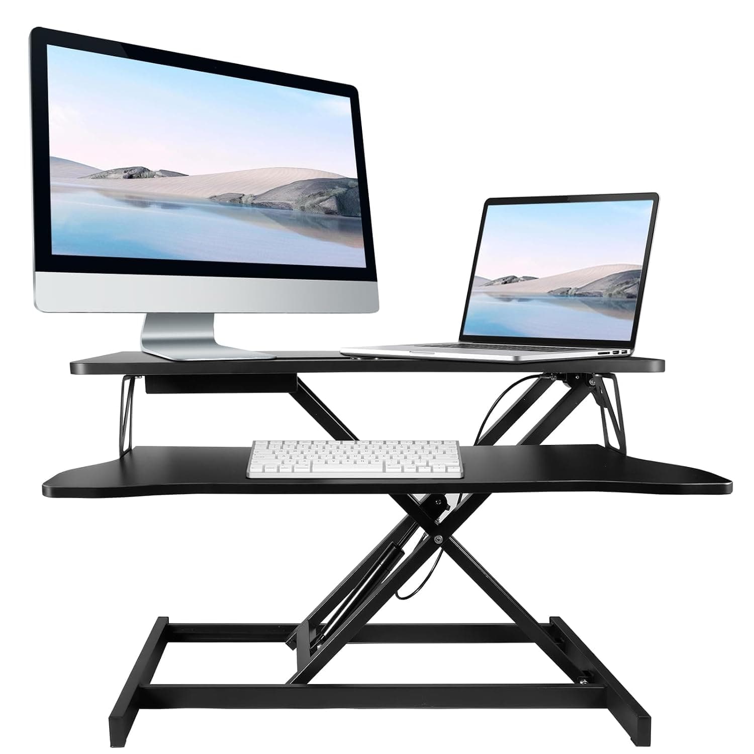 GREENSAPPIRE Height-Adjustable Standing Desk Converter – 94cm Wide Tabletop Workstation for Dual Monitors with Spacious Keyboard Tray (Black L)