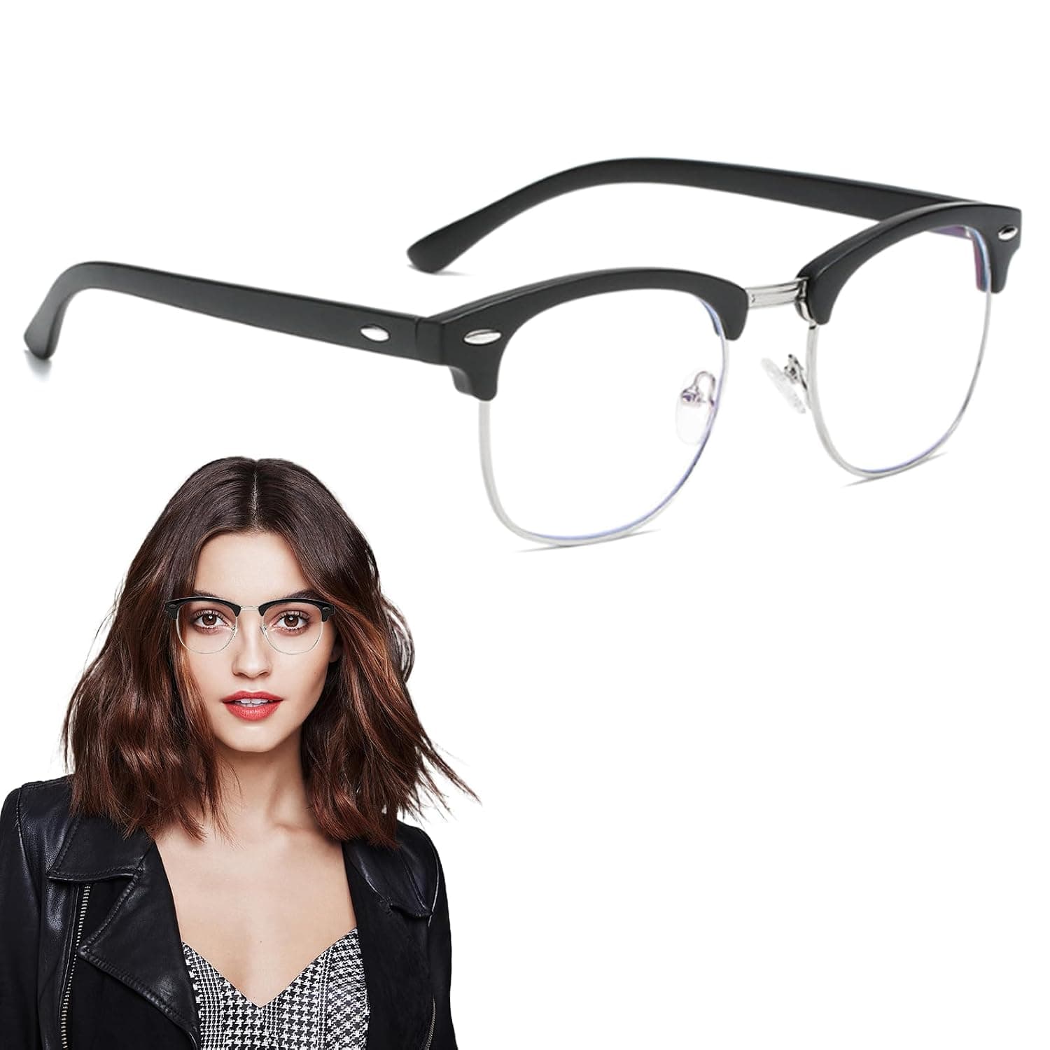 Blue Light Blocking Glasses, Black Half Frame Clear Lens Glasses Anti Bluelight Gaming Glasses Non-Prescription Clear Lens Glasses for Women Men, Unisex Round Glasses for Work Playing Gaming Computer