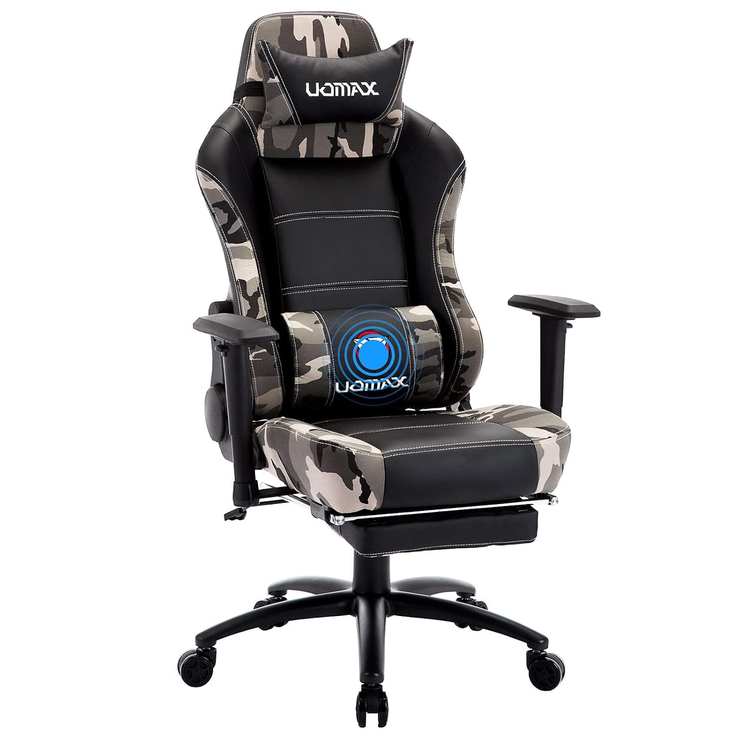 UOMAX Racing Gaming Chair, Black, PU Leather, High Back, Recliner, 90° to 180° Recline, USB-Powered Massage Lumbar Support, 300lbs Capacity, Gaming, Office, Relaxing, Reading