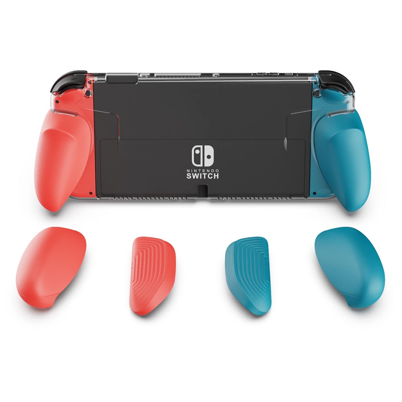 Skull & Co. GripCase OLED for Nintendo Switch OLED: A Transparent Protective Case with Interchangeable Handles [to Fit All Hand Sizes] - Neon Blue and Neon Red